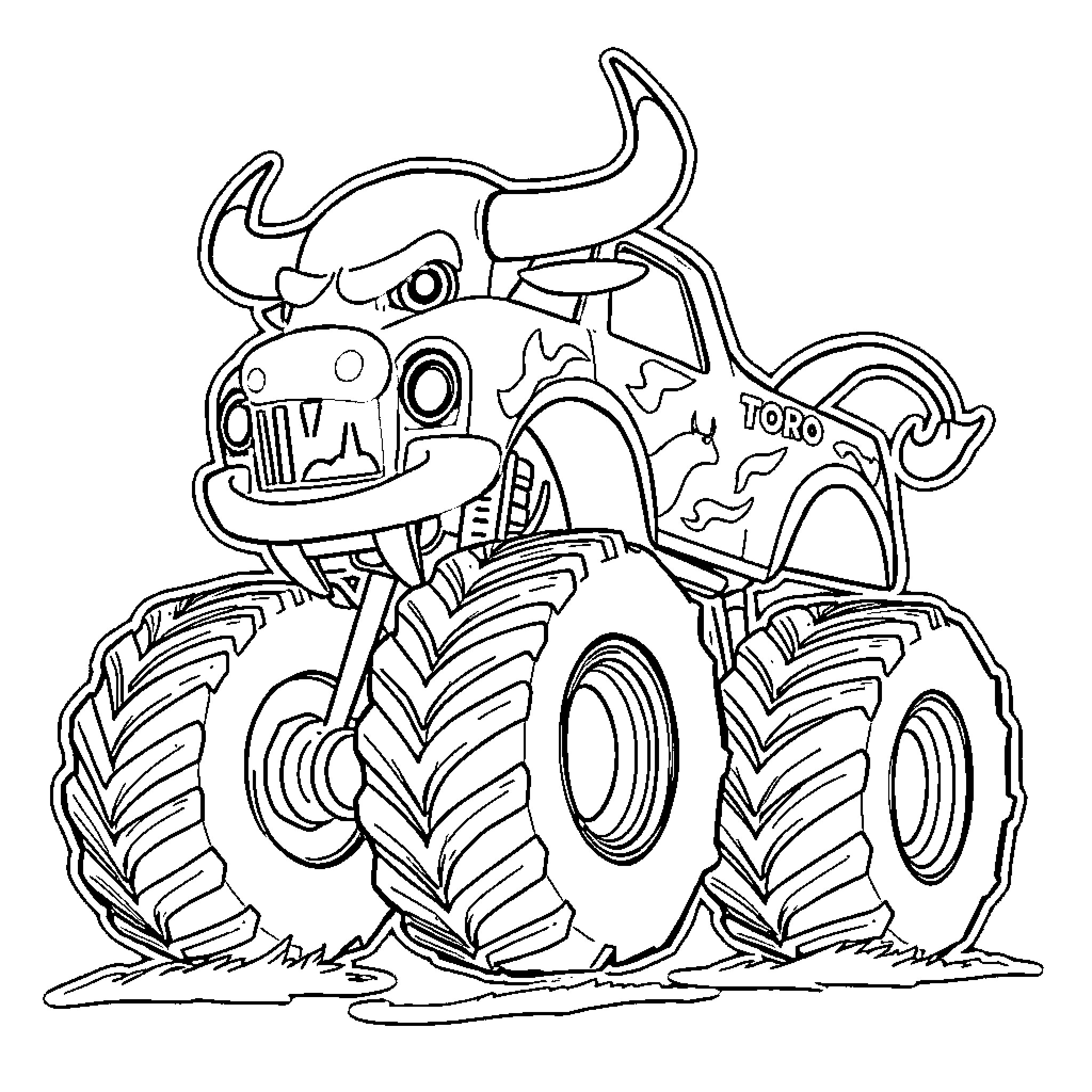 Monster Truck with Fierce Bull Design Speeding through Terrain Coloring Page (free black-and-white line drawing printable PDF for all, from beginners to advanced learners, including children, teens, adults, and seniors)