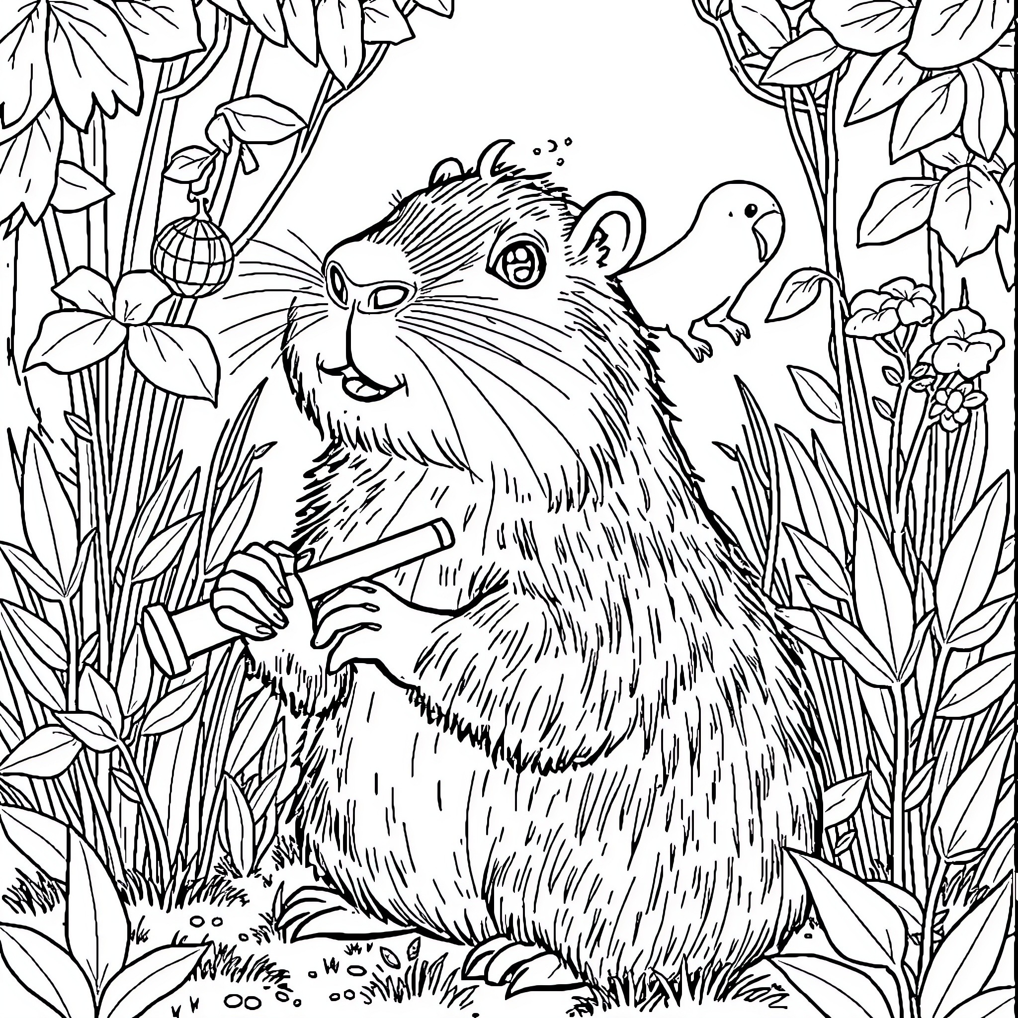 Capybara enjoying nature's tranquility Coloring Page (free black-and-white line drawing printable PDF for all, from beginners to advanced learners, including children, teens, adults, and seniors)