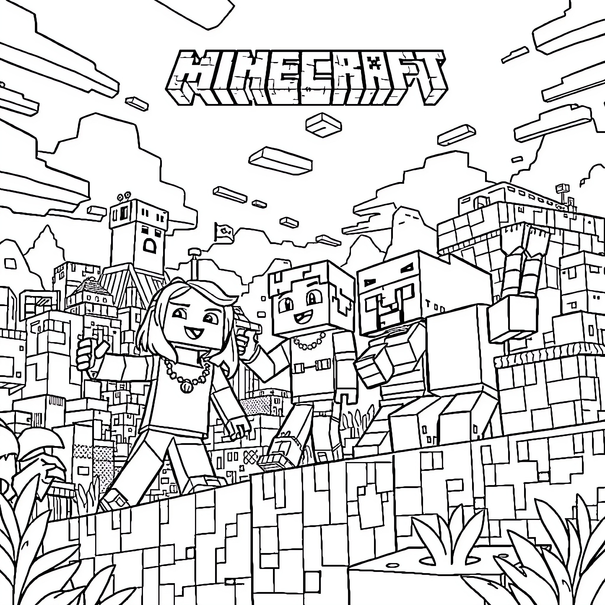 Totally Spies: Adventurous Minecraft Explorers Coloring Page (free black-and-white line drawing printable PDF for all, from beginners to advanced learners, including children, teens, adults, and seniors)