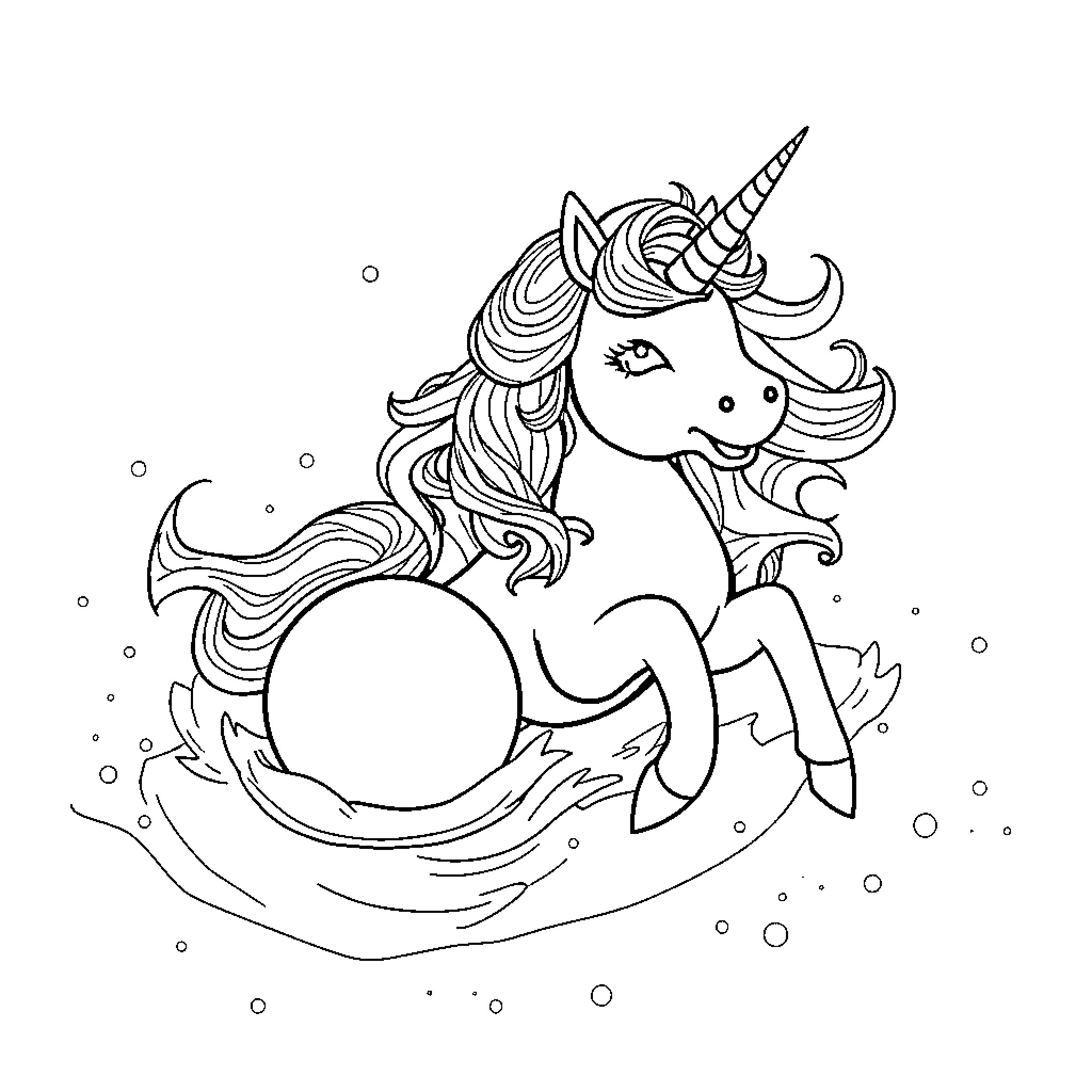 Unicorn playing in a magical fantasy scene Coloring Page (free black-and-white line drawing printable PDF for all, from beginners to advanced learners, including children, teens, adults, and seniors)