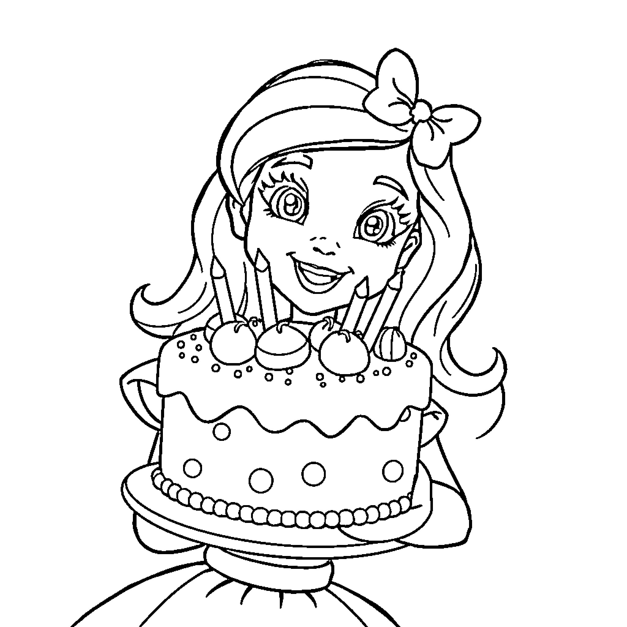 Bella celebrating with a festive cake Coloring Page (free black-and-white line drawing printable PDF for all, from beginners to advanced learners, including children, teens, adults, and seniors)