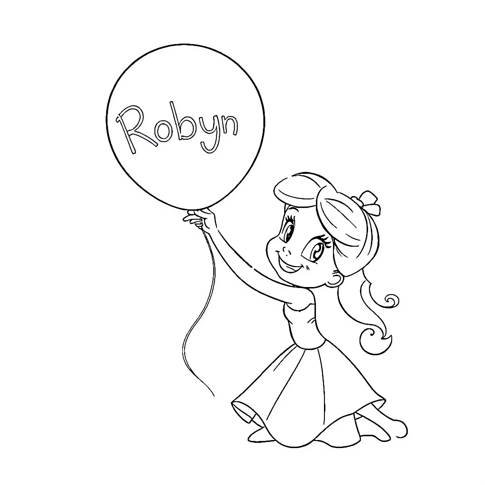 Belle holding a balloon with her name Coloring Page (free black-and-white line drawing printable PDF for all, from beginners to advanced learners, including children, teens, adults, and seniors)