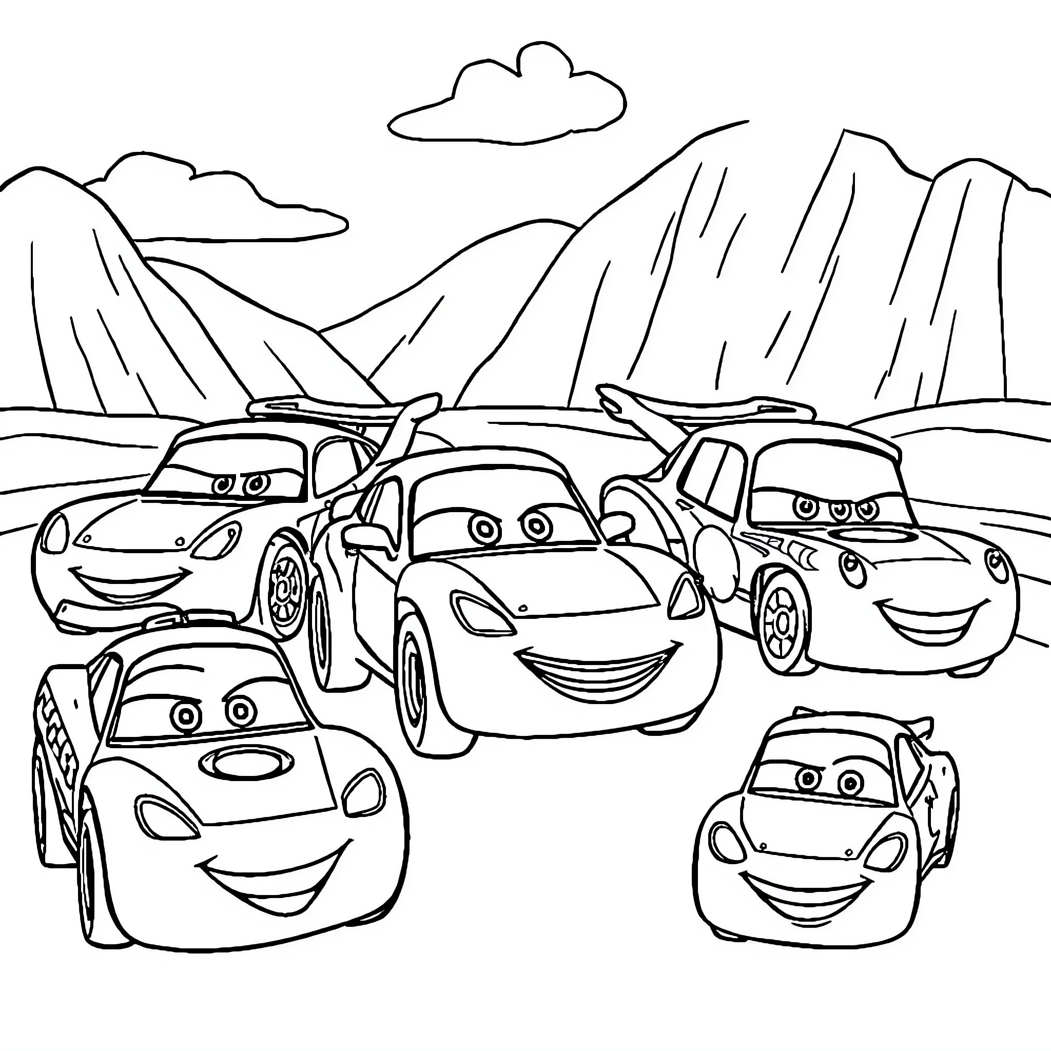 Cars racing through the scenic landscape Coloring Page (free black-and-white line drawing printable PDF for all, from beginners to advanced learners, including children, teens, adults, and seniors)