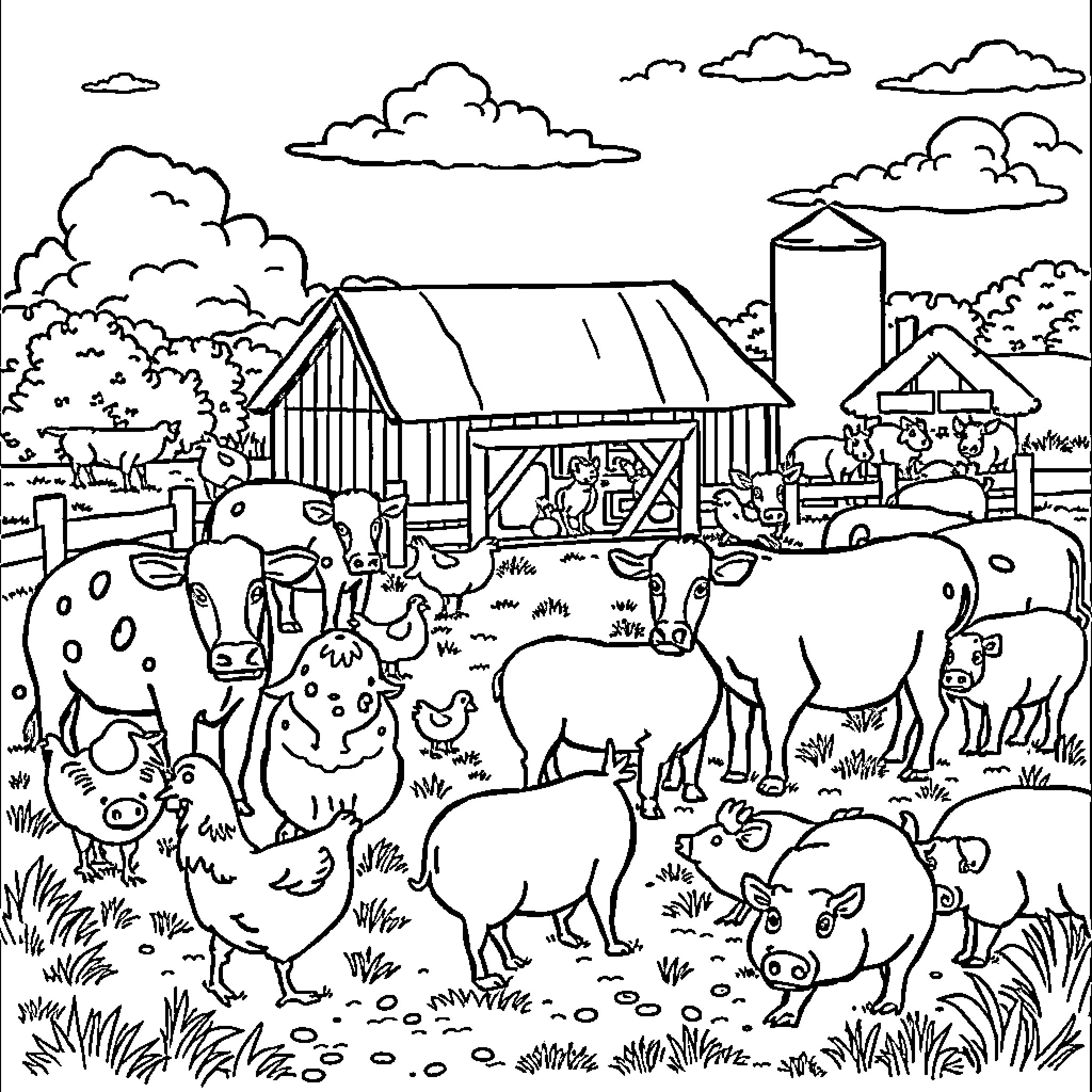 Farm Animal Gathering at Countryside Farmhouse Coloring Page (free black-and-white line drawing printable PDF for all, from beginners to advanced learners, including children, teens, adults, and seniors)