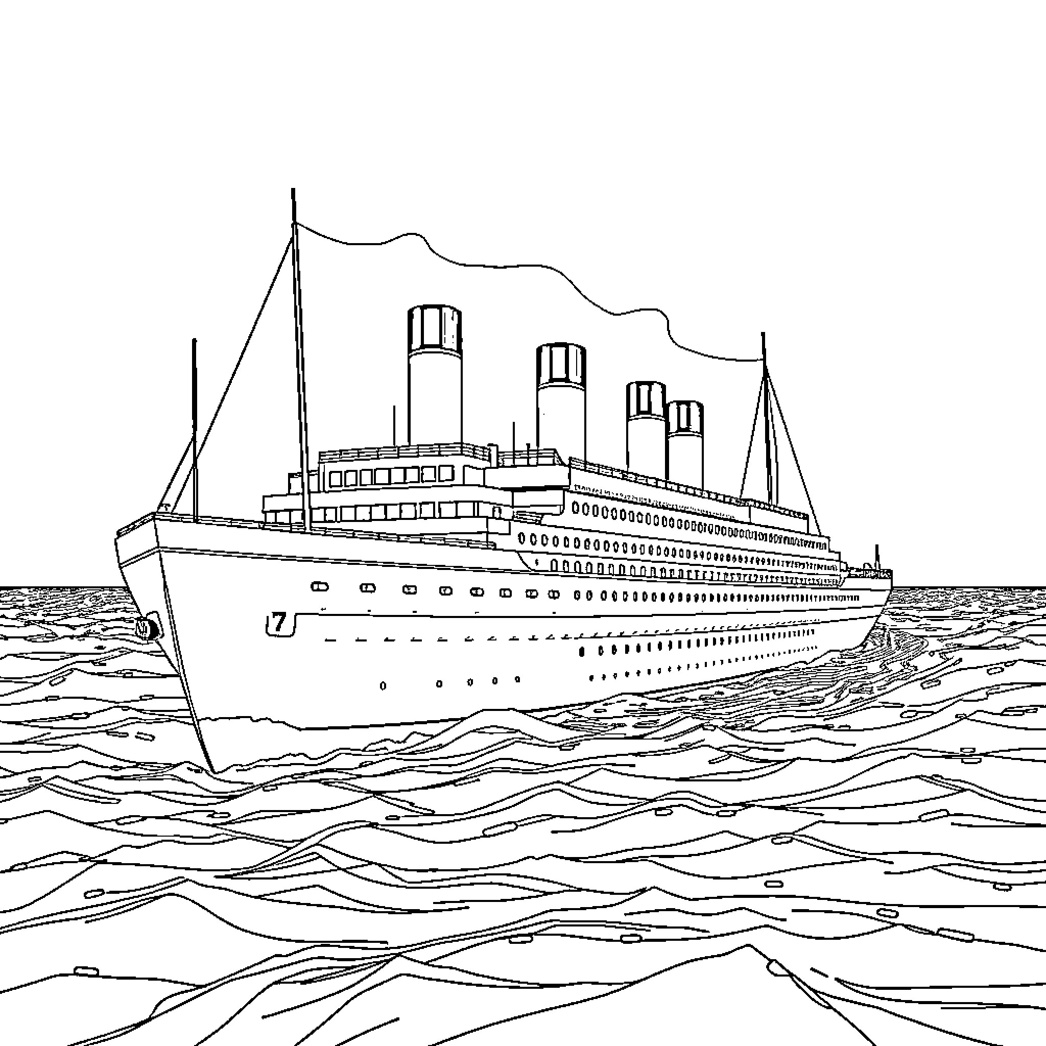 Titanic Cruise Ship Sailing Across the Ocean Coloring Page (free black-and-white line drawing printable PDF for all, from beginners to advanced learners, including children, teens, adults, and seniors)