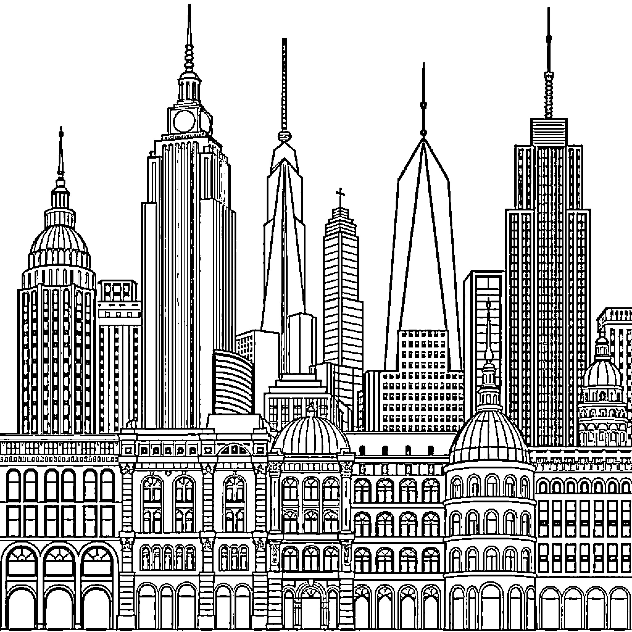 Building with Iconic Skyscrapers and Architectural Features Coloring Page (free black-and-white line drawing printable PDF for all, from beginners to advanced learners, including children, teens, adults, and seniors)