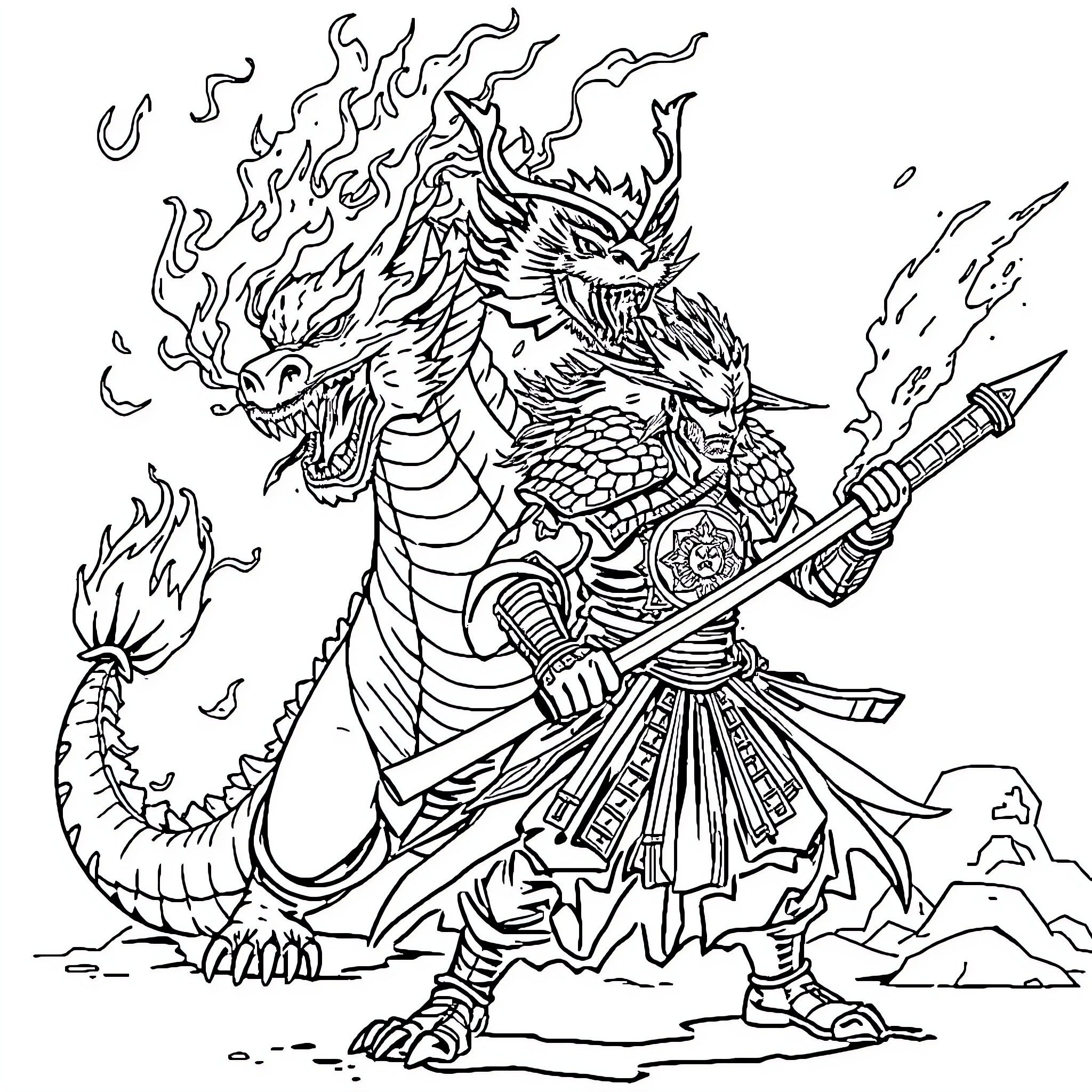 Dracaufeu: Fierce Dragon Warrior Wielding Spear Coloring Page (free black-and-white line drawing printable PDF for all, from beginners to advanced learners, including children, teens, adults, and seniors)