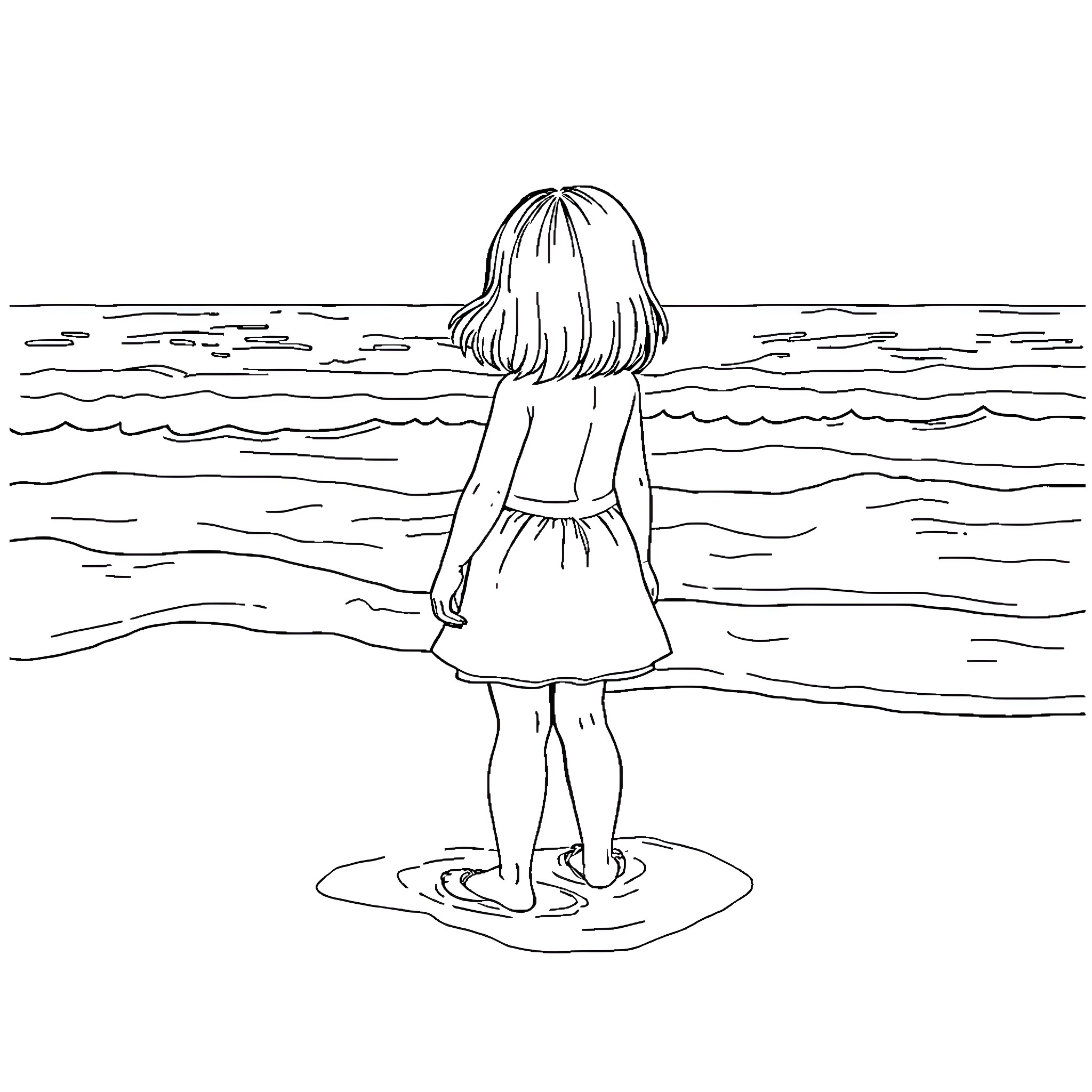 Girl standing in calm ocean waters Coloring Page (free black-and-white line drawing printable PDF for all, from beginners to advanced learners, including children, teens, adults, and seniors)