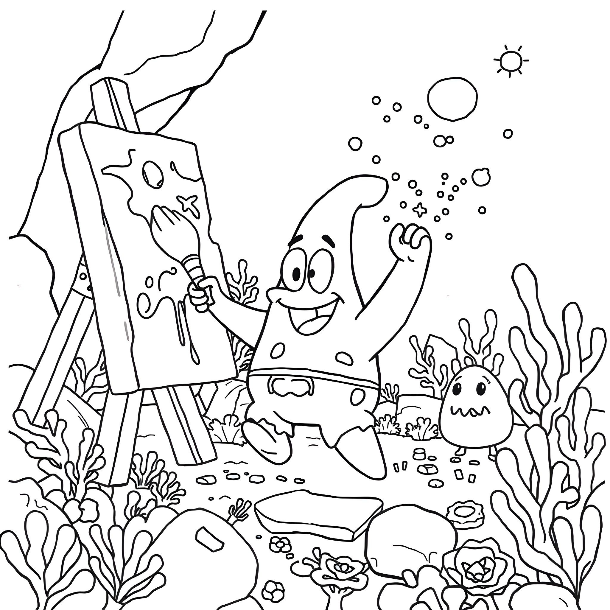 Patrick Star painting underwater landscape Coloring Page (free black-and-white line drawing printable PDF for all, from beginners to advanced learners, including children, teens, adults, and seniors)