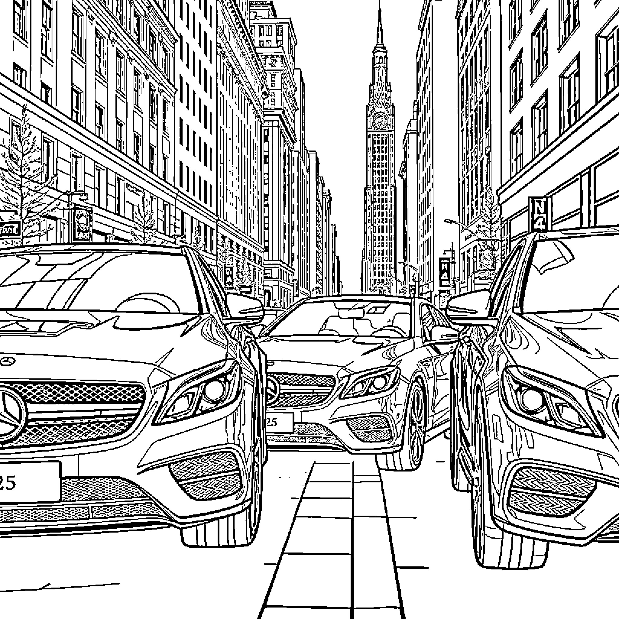 Mercedes-Benz vehicles navigating busy city streets Coloring Page (free black-and-white line drawing printable PDF for all, from beginners to advanced learners, including children, teens, adults, and seniors)