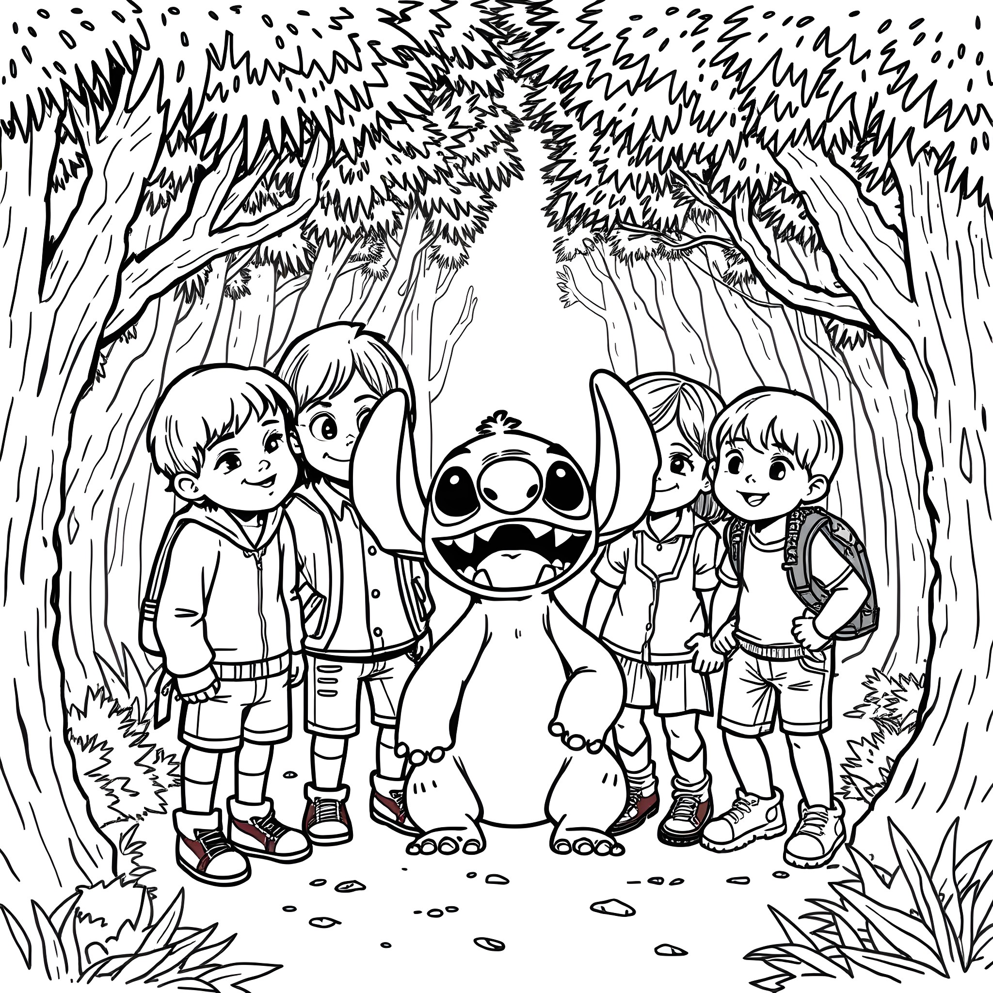 Stranger Things Group Adventure in the Forest Coloring Page (free black-and-white line drawing printable PDF for all, from beginners to advanced learners, including children, teens, adults, and seniors)