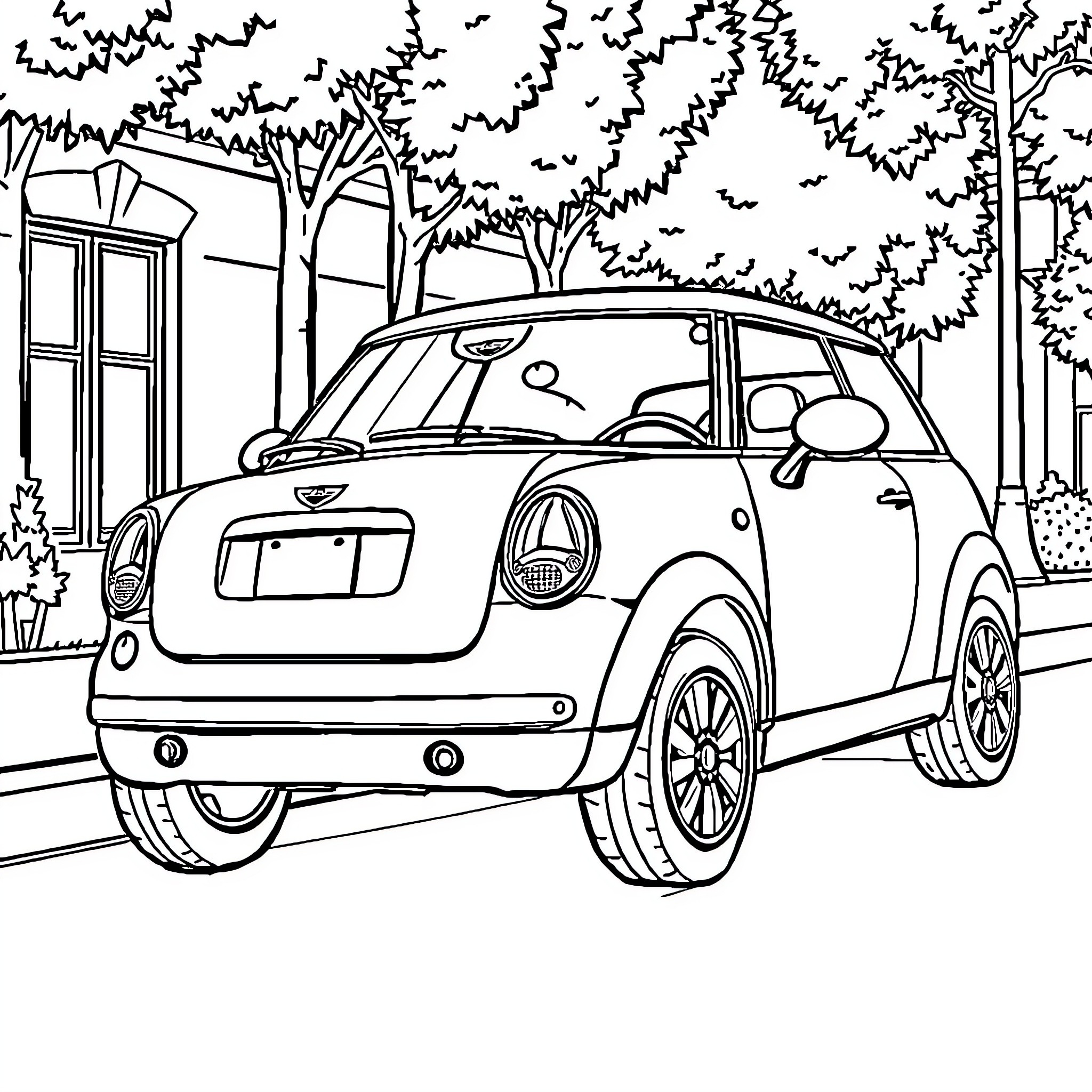Mini car parked on the street Coloring Page (free black-and-white line drawing printable PDF for all, from beginners to advanced learners, including children, teens, adults, and seniors)