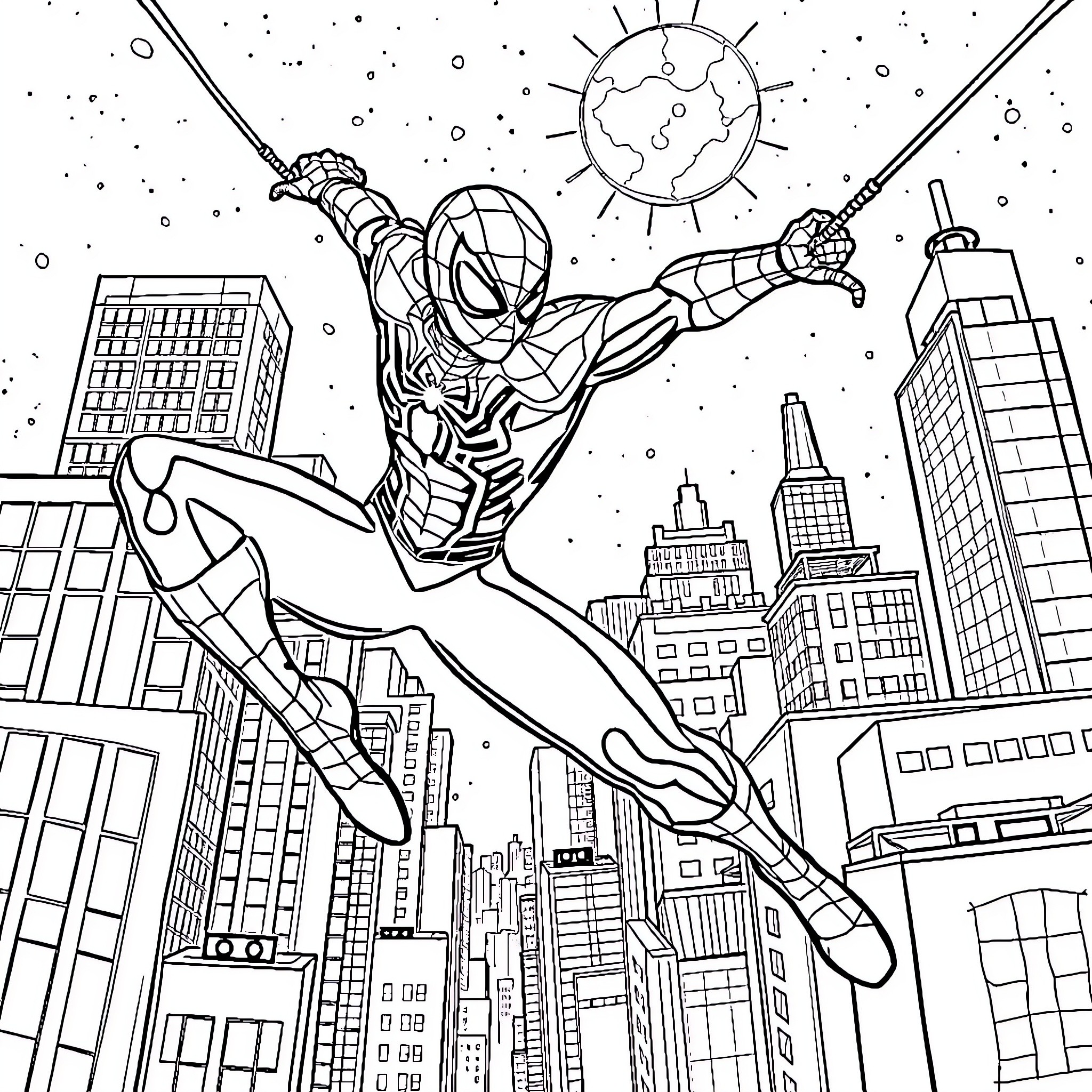 Spiderman swinging through the city skyline Coloring Page (free black-and-white line drawing printable PDF for all, from beginners to advanced learners, including children, teens, adults, and seniors)