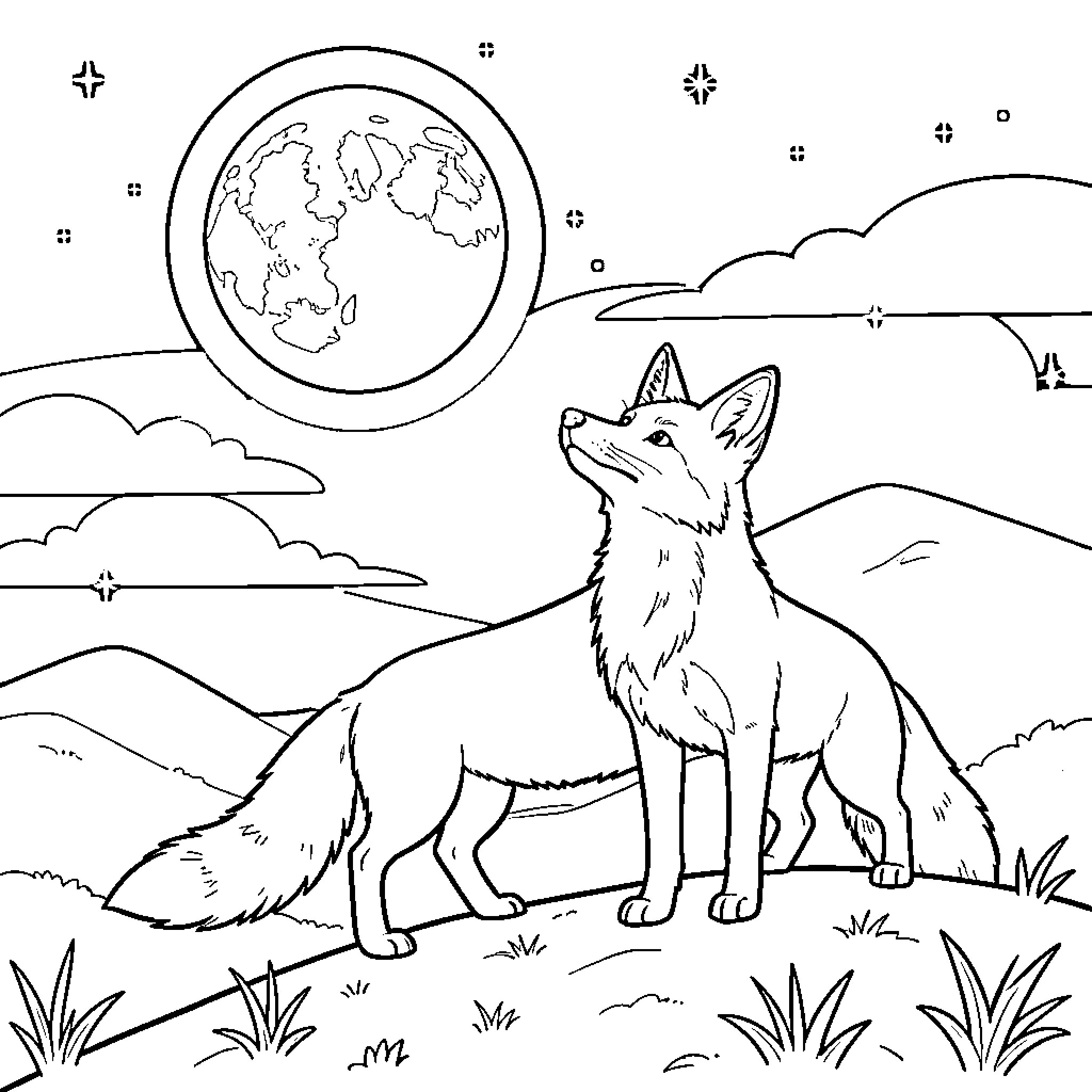Fox exploring the world with Earth in sight Coloring Page (free black-and-white line drawing printable PDF for all, from beginners to advanced learners, including children, teens, adults, and seniors)