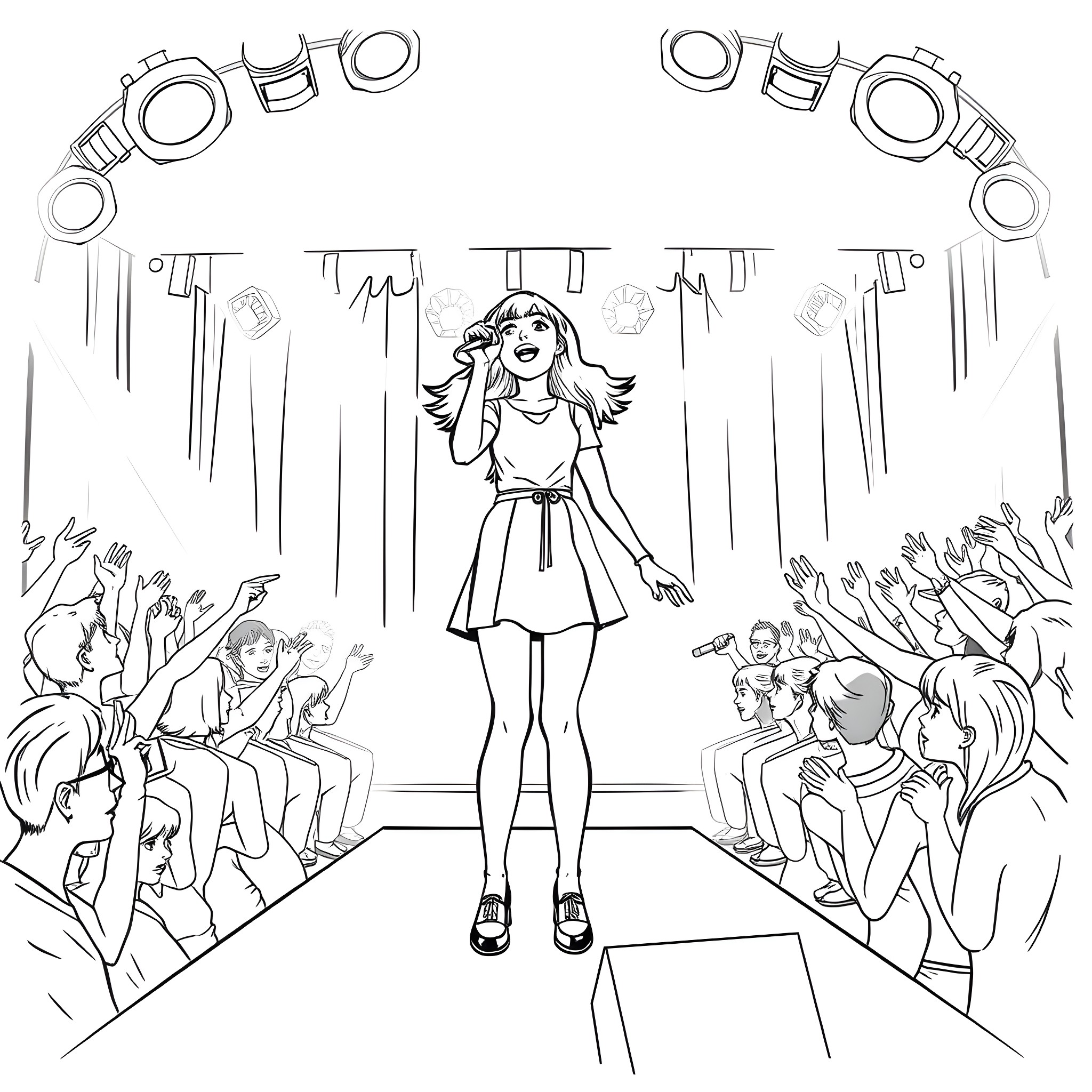 Teen Girl Singing on Stage with Audience Coloring Page (free black-and-white line drawing printable PDF for all, from beginners to advanced learners, including children, teens, adults, and seniors)