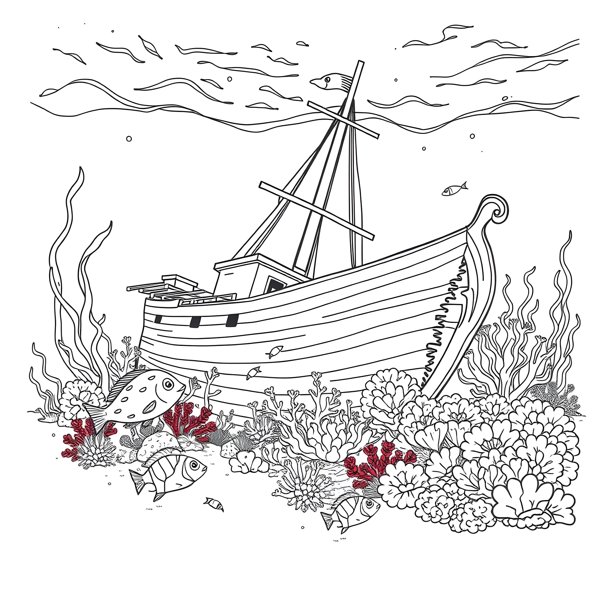 Ship Sailing Through Underwater Coral Reef Coloring Page (free black-and-white line drawing printable PDF for all, from beginners to advanced learners, including children, teens, adults, and seniors)