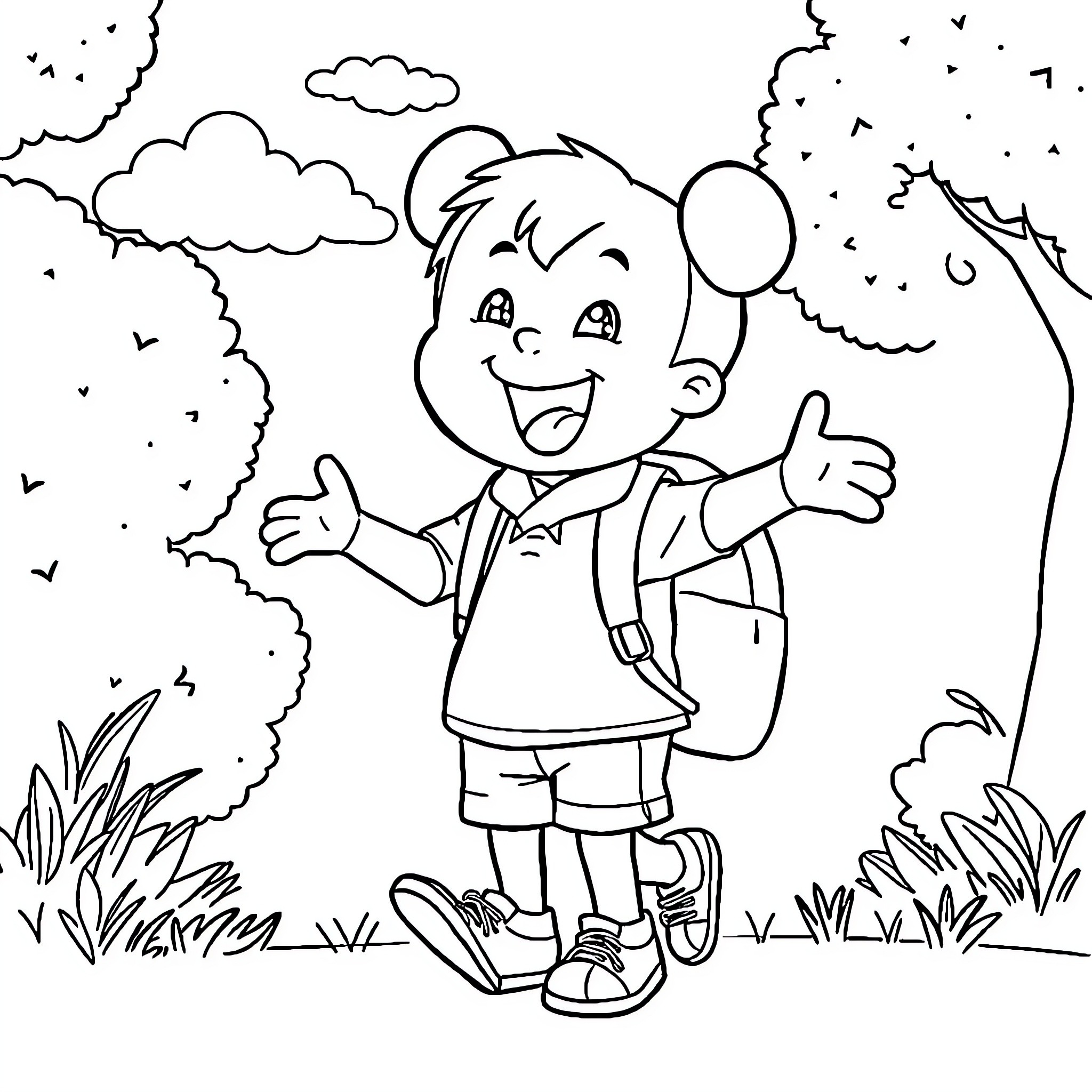 Timini's Joyful Outdoor Adventure Coloring Page (free black-and-white line drawing printable PDF for all, from beginners to advanced learners, including children, teens, adults, and seniors)