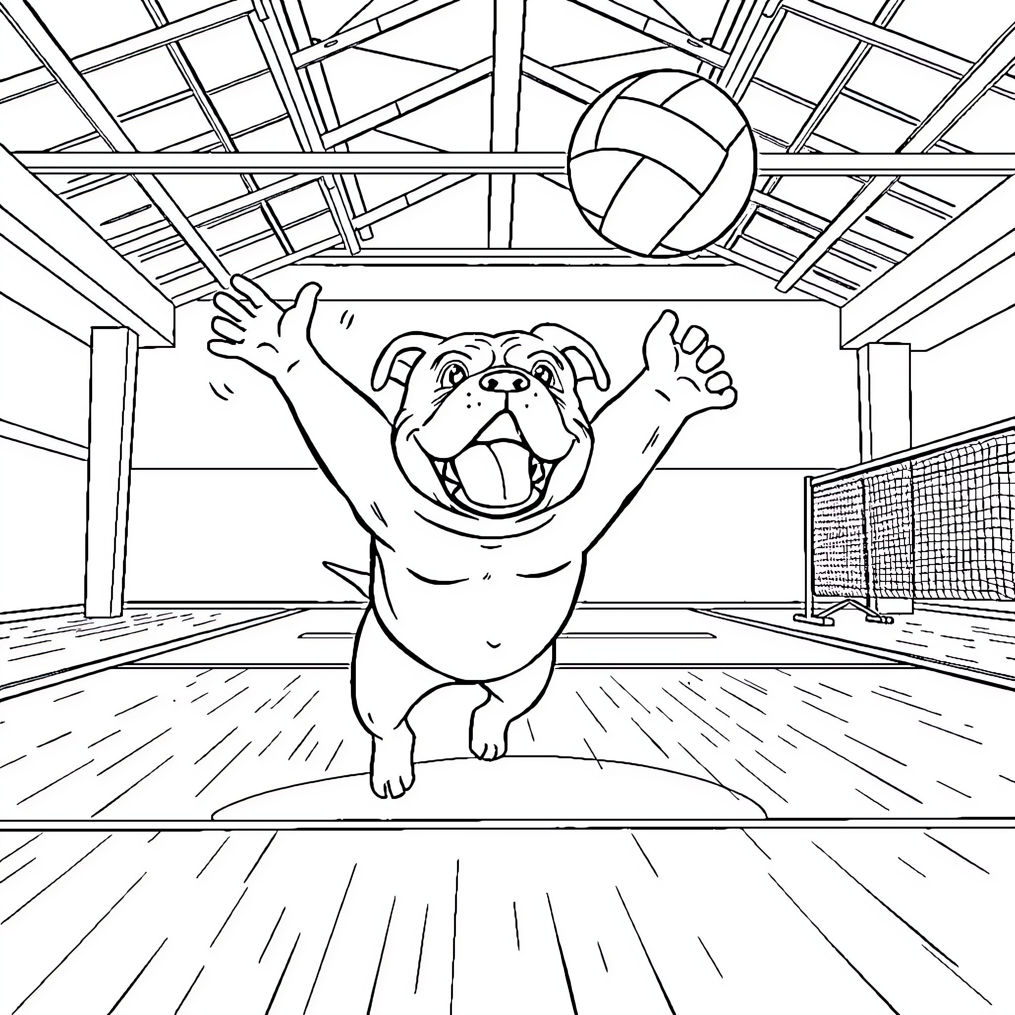 Bulldog Enjoying Volleyball Game in Gym Coloring Page (free black-and-white line drawing printable PDF for all, from beginners to advanced learners, including children, teens, adults, and seniors)