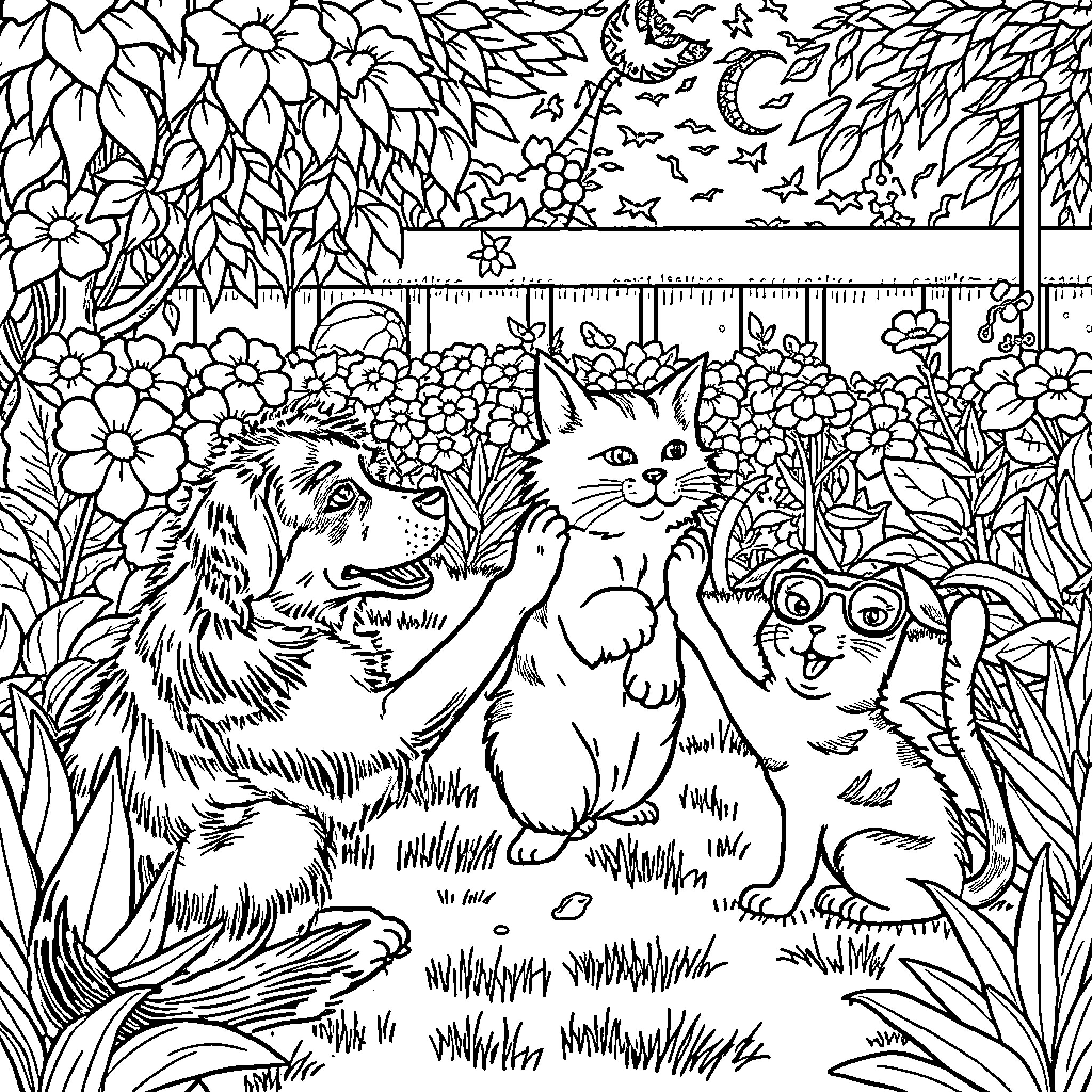 Domestic Animal Playing in a Lush Garden Coloring Page (free black-and-white line drawing printable PDF for all, from beginners to advanced learners, including children, teens, adults, and seniors)