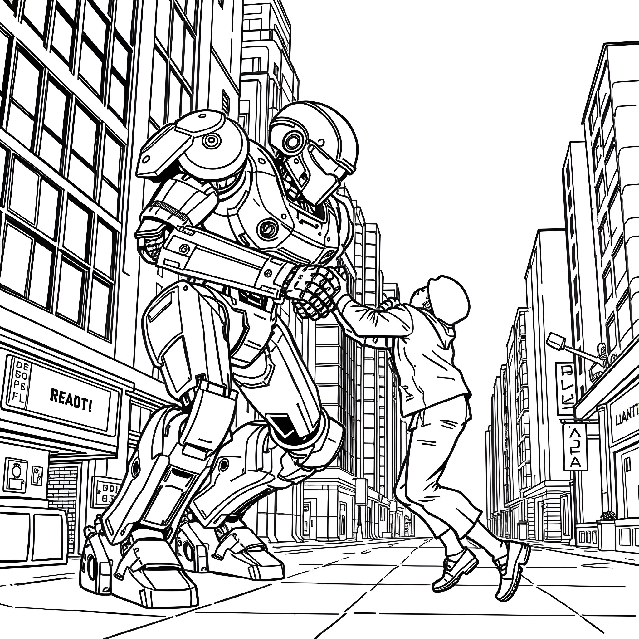 AI Robotic Encounter in the City Coloring Page (free black-and-white line drawing printable PDF for all, from beginners to advanced learners, including children, teens, adults, and seniors)