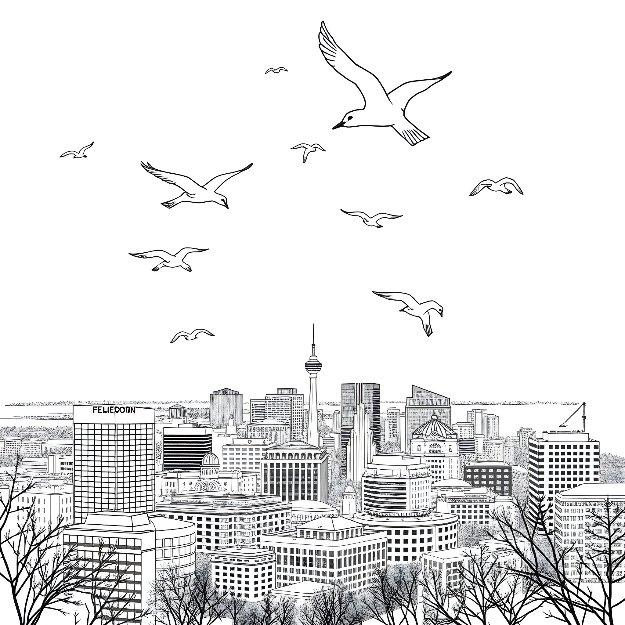 Snowbird flying over a bustling city skyline Coloring Page (free black-and-white line drawing printable PDF for all, from beginners to advanced learners, including children, teens, adults, and seniors)