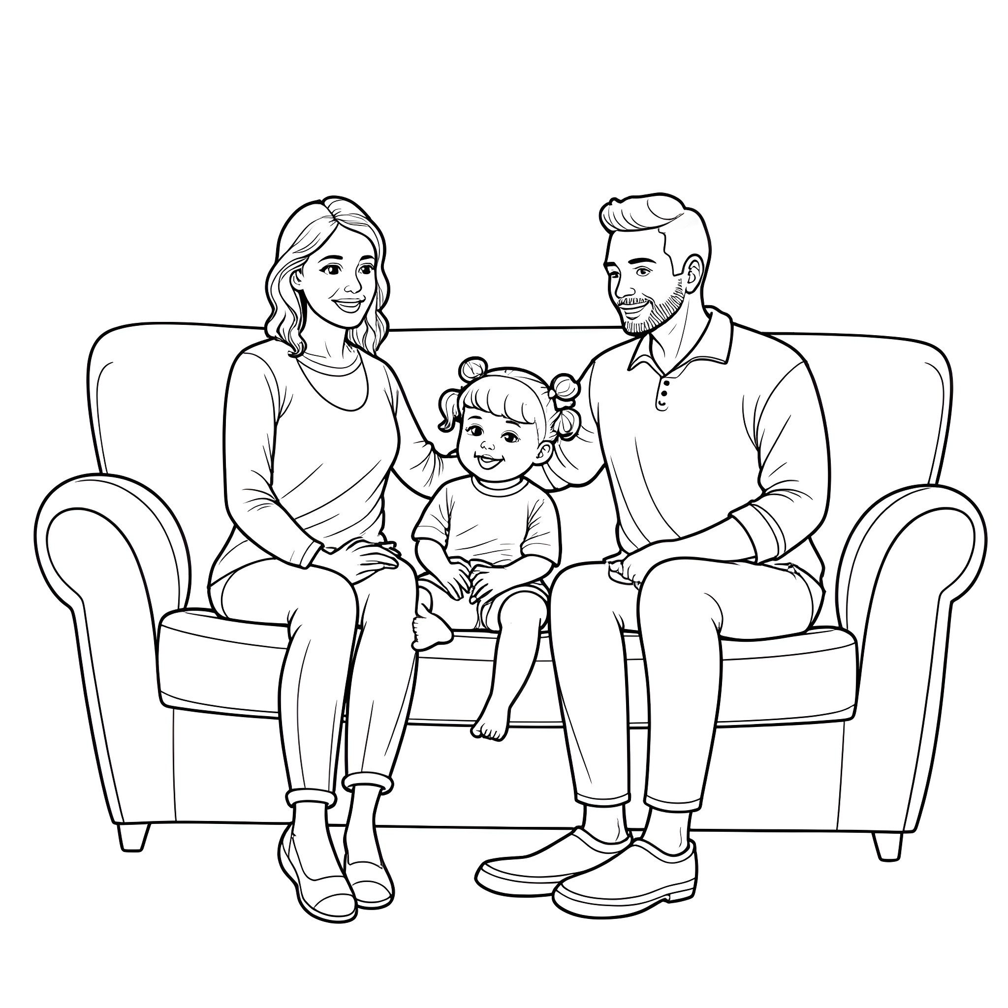 Girl, man, and child sitting on the couch together Coloring Page (free black-and-white line drawing printable PDF for all, from beginners to advanced learners, including children, teens, adults, and seniors)