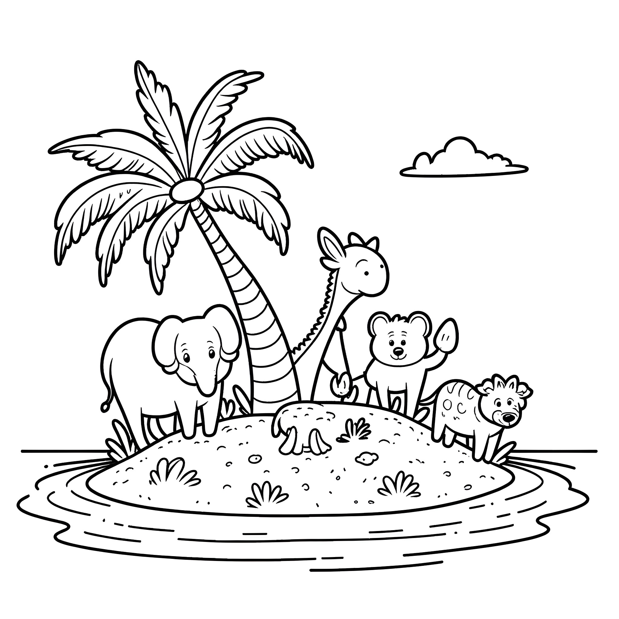 Animal friends enjoying a tropical oasis Coloring Page (free black-and-white line drawing printable PDF for all, from beginners to advanced learners, including children, teens, adults, and seniors)