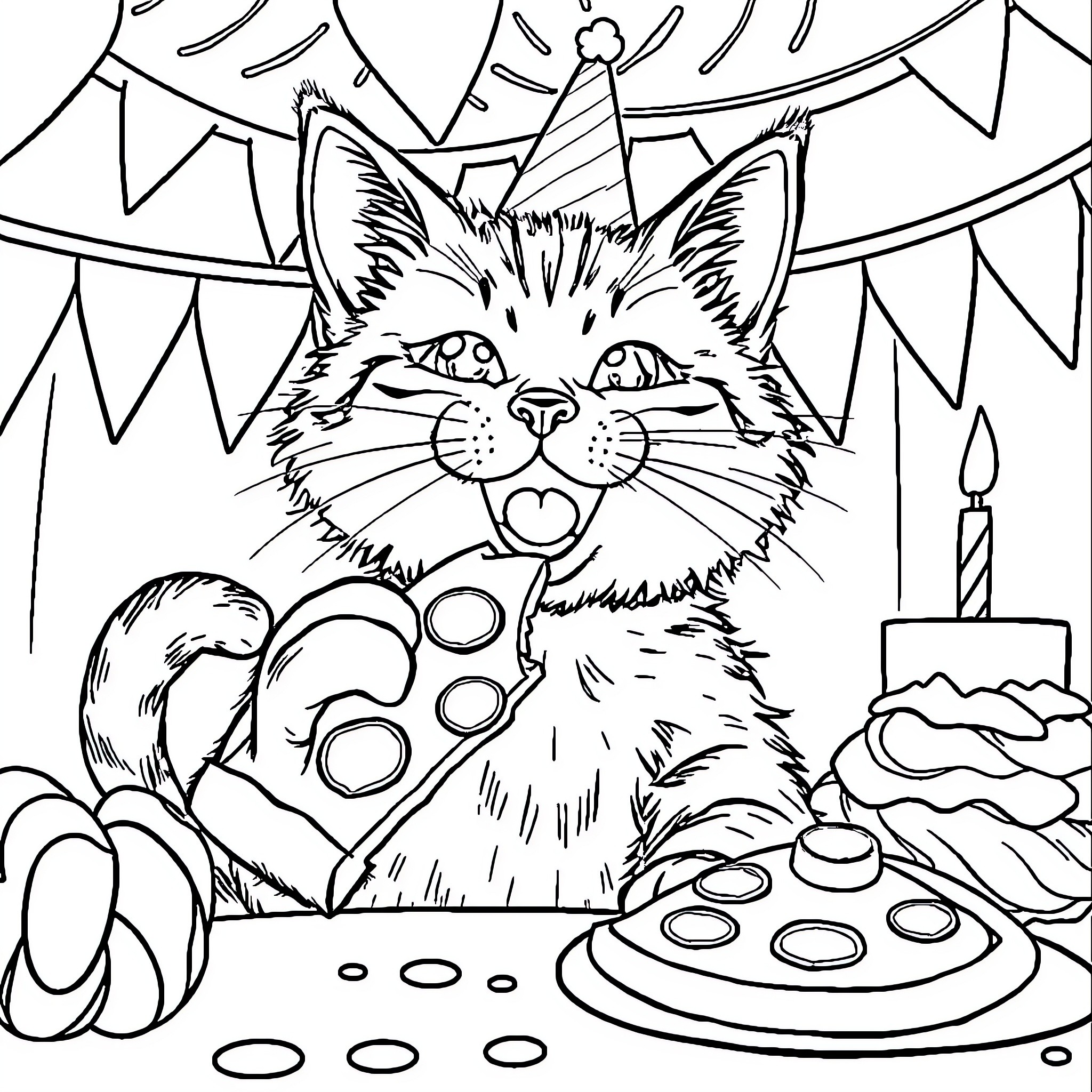 Cat celebrates birthday with party decorations Coloring Page (free black-and-white line drawing printable PDF for all, from beginners to advanced learners, including children, teens, adults, and seniors)