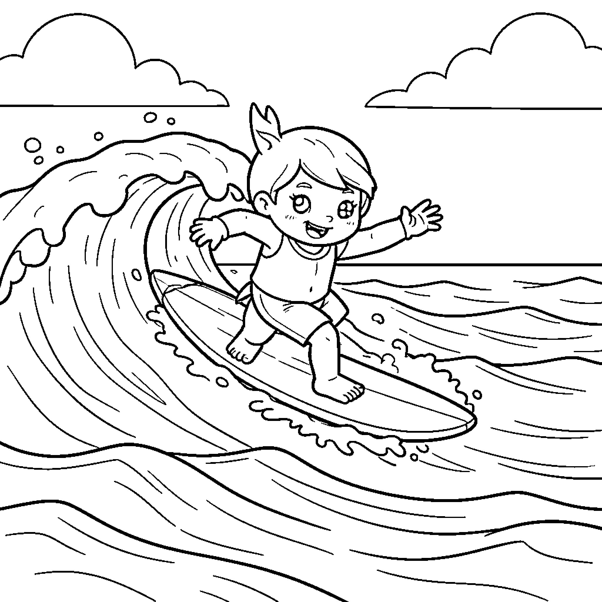 Labubu surfing happily on a big ocean wave Coloring Page (free black-and-white line drawing printable PDF for all, from beginners to advanced learners, including children, teens, adults, and seniors)