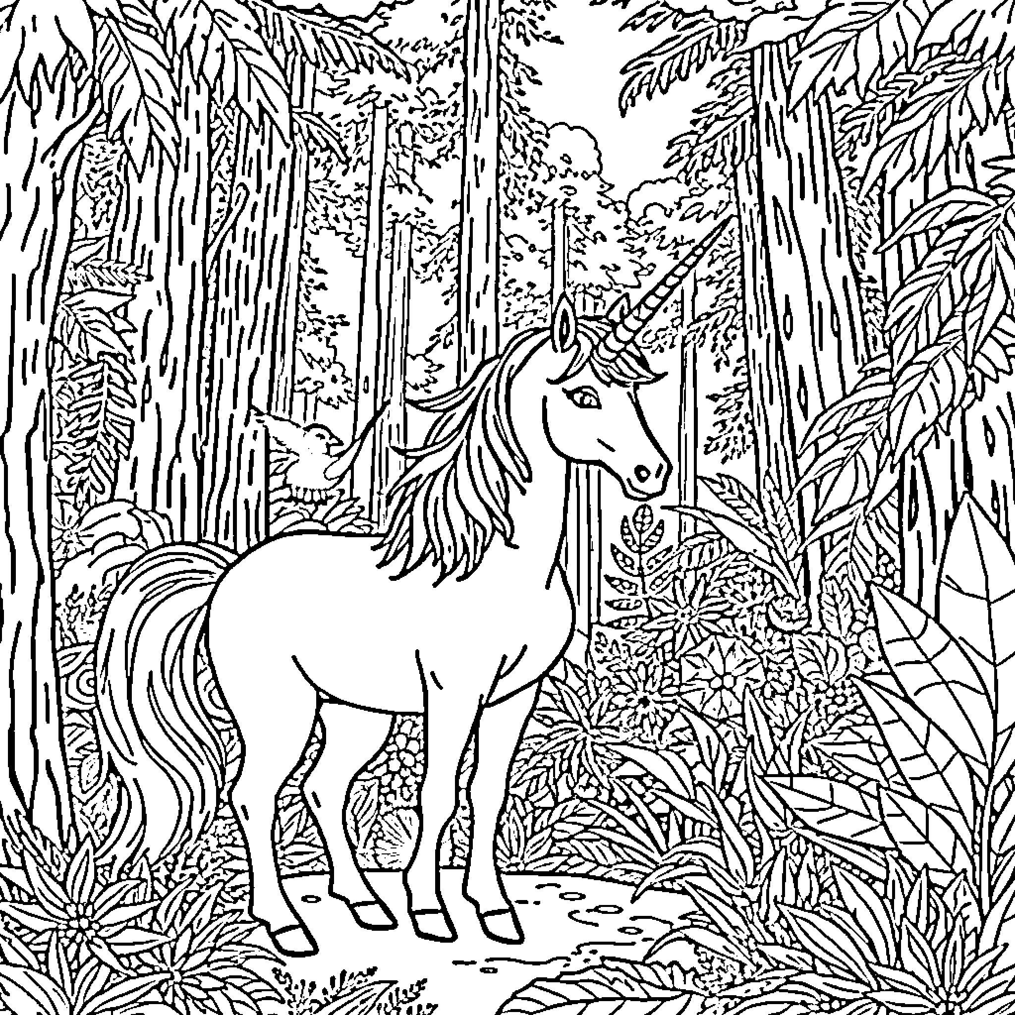 Unicorn wandering through the magical forest Coloring Page (free black-and-white line drawing printable PDF for all, from beginners to advanced learners, including children, teens, adults, and seniors)
