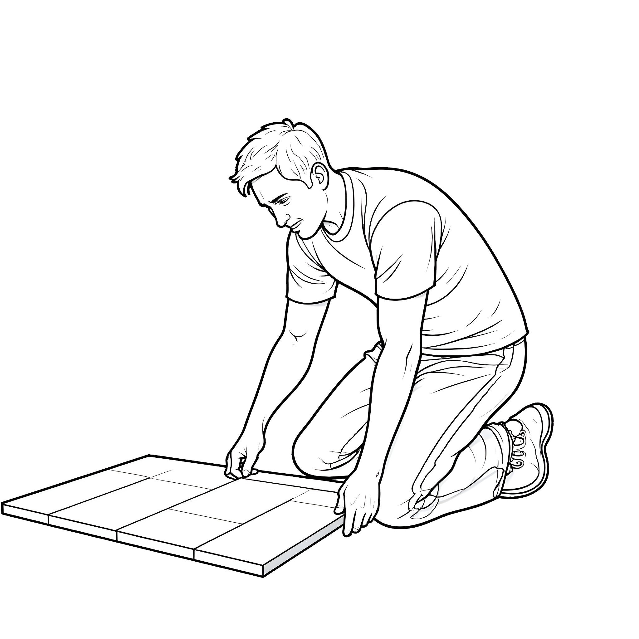 Man assembling furniture in focused manner Coloring Page (free black-and-white line drawing printable PDF for all, from beginners to advanced learners, including children, teens, adults, and seniors)