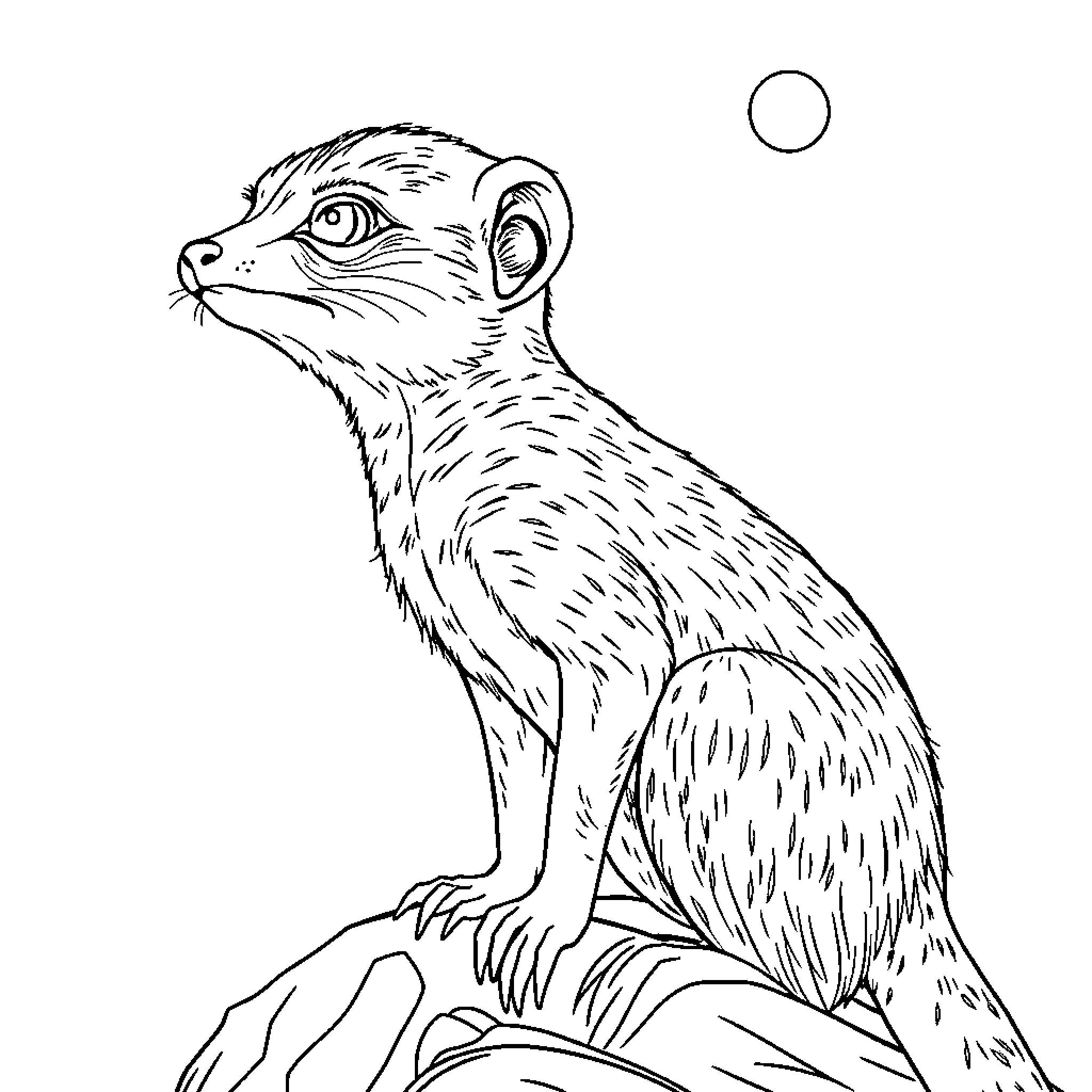 Suricate watching the moon under the night sky Coloring Page (free black-and-white line drawing printable PDF for all, from beginners to advanced learners, including children, teens, adults, and seniors)