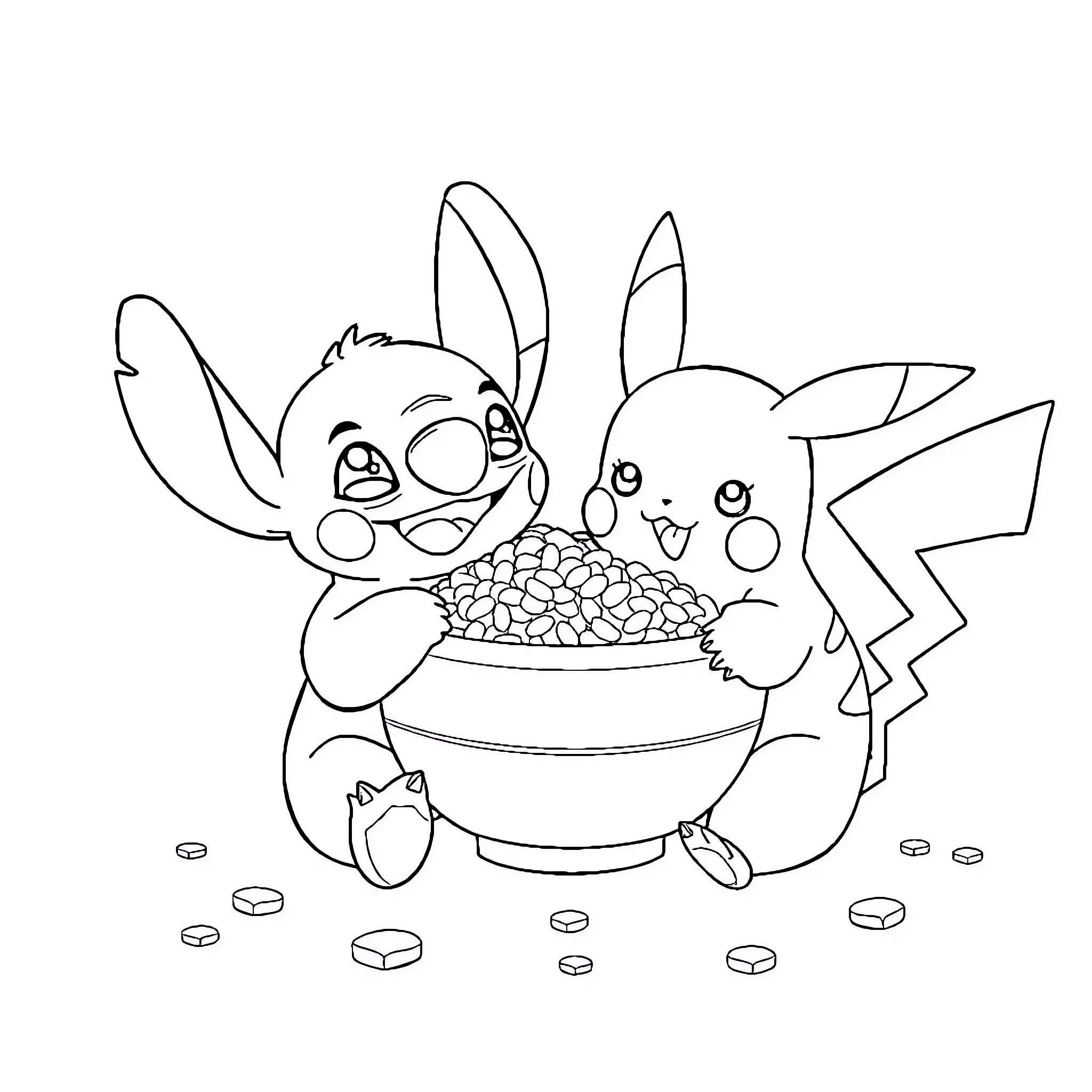 Stitch and Pikachu share a bowl of treats Coloring Page (free black-and-white line drawing printable PDF for all, from beginners to advanced learners, including children, teens, adults, and seniors)