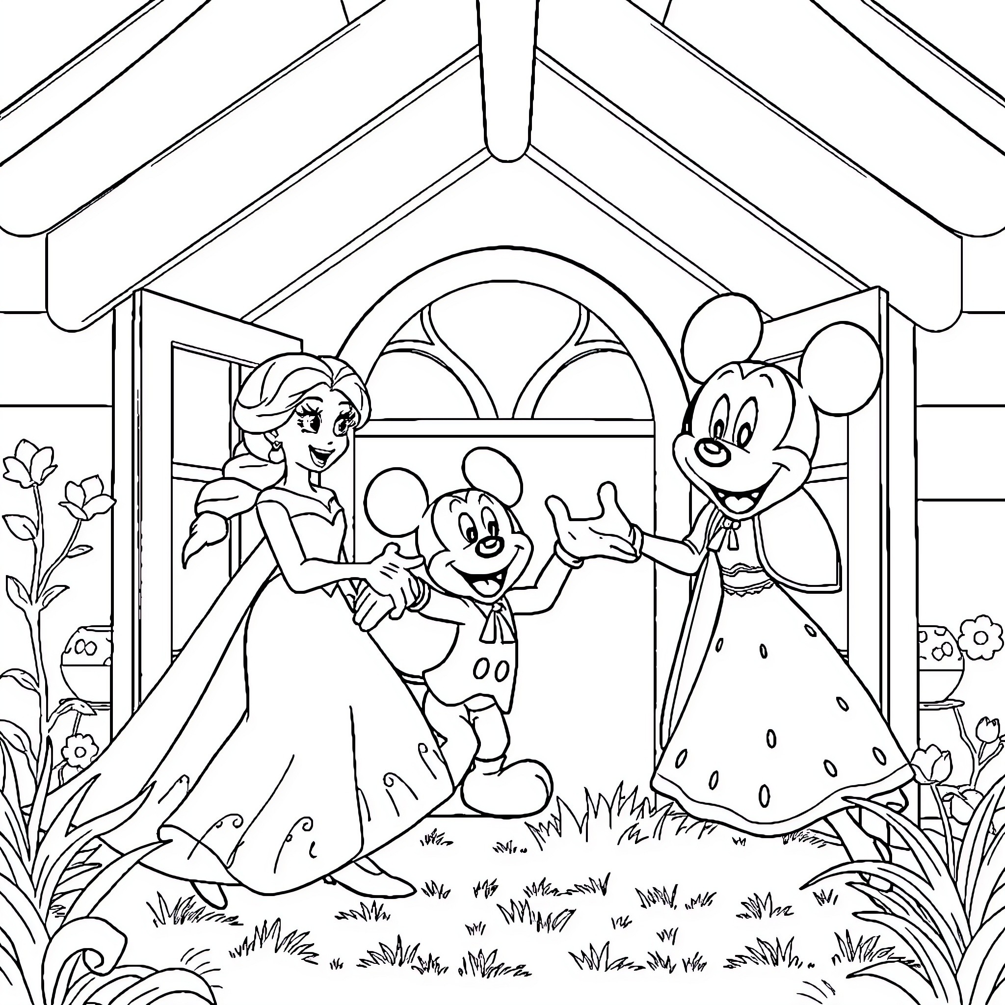 Elsa and Mickey Mouse's Delightful Garden Adventure Coloring Page (free black-and-white line drawing printable PDF for all, from beginners to advanced learners, including children, teens, adults, and seniors)