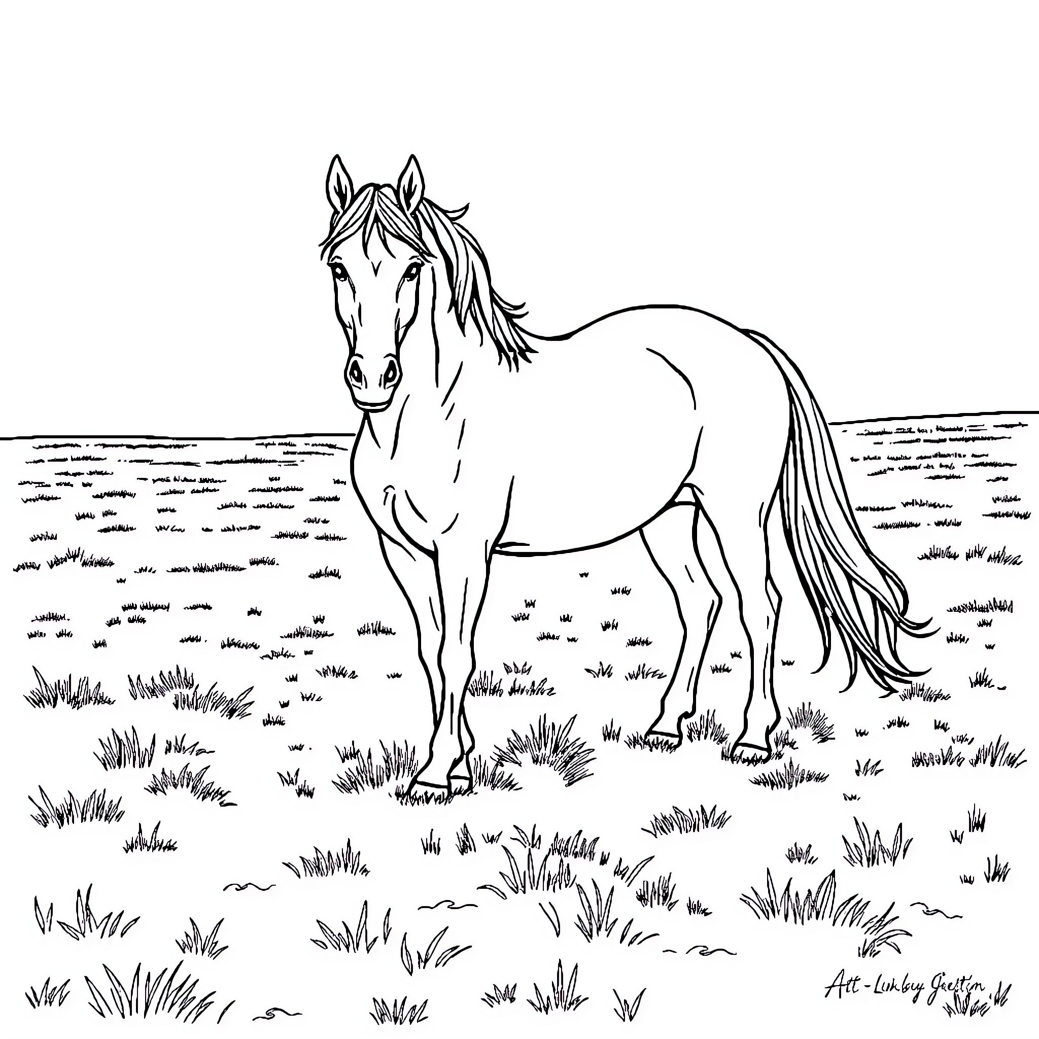Horse standing in a grassy field Coloring Page (free black-and-white line drawing printable PDF for all, from beginners to advanced learners, including children, teens, adults, and seniors)