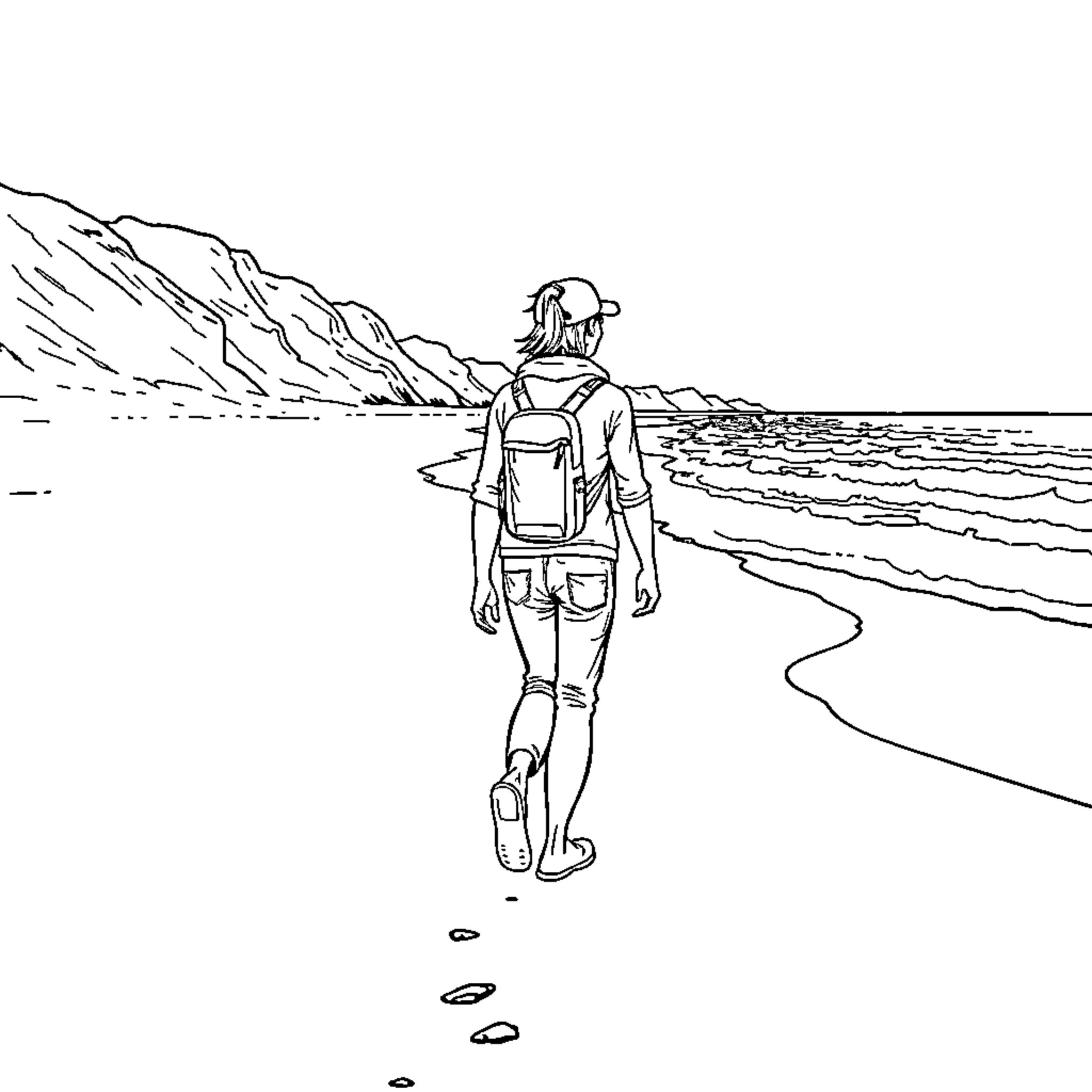 Myself exploring serene beach landscape Coloring Page (free black-and-white line drawing printable PDF for all, from beginners to advanced learners, including children, teens, adults, and seniors)