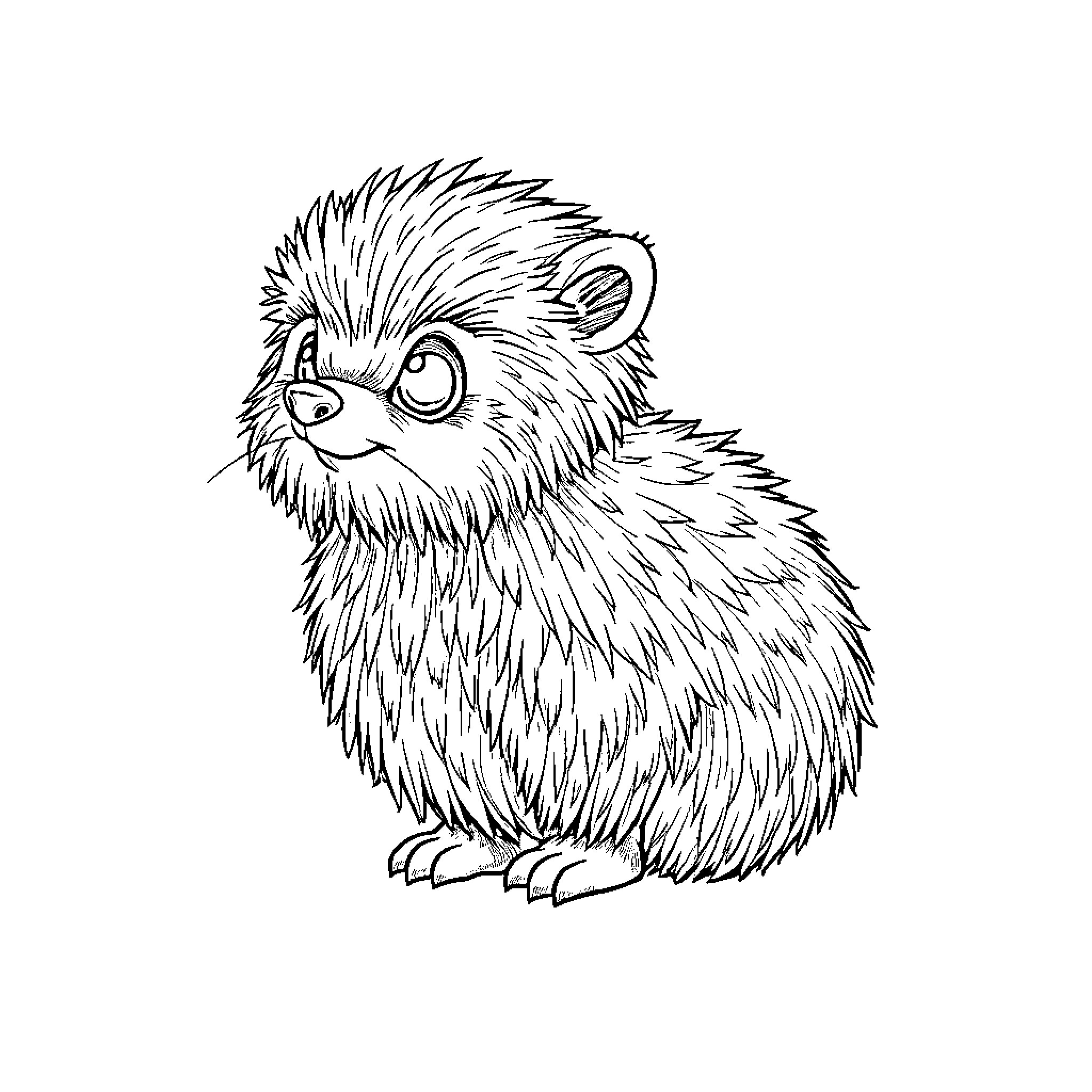 Furry fluffy creature with curious expression Coloring Page (free black-and-white line drawing printable PDF for all, from beginners to advanced learners, including children, teens, adults, and seniors)