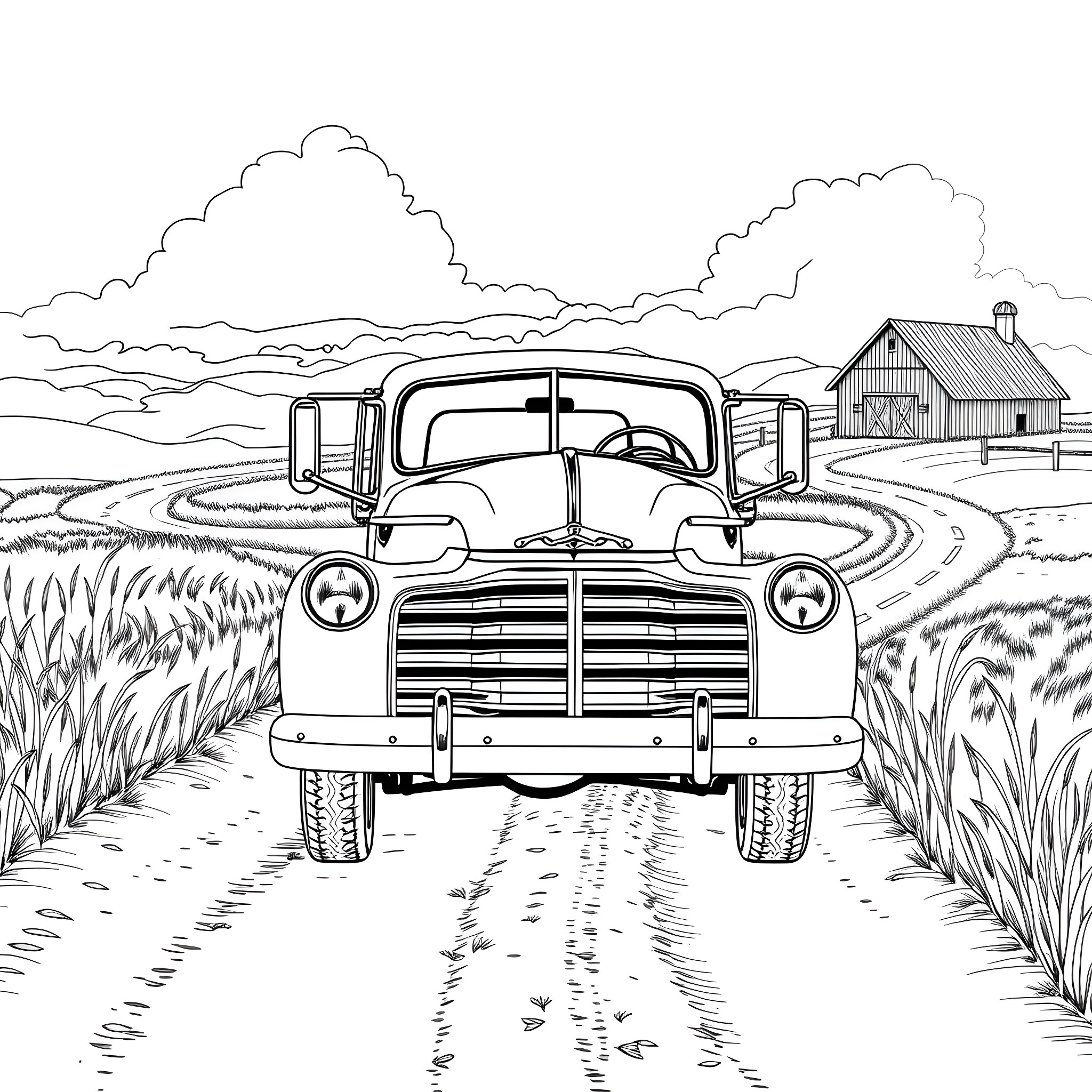 Truck parked on a rural road near a barn Coloring Page (free black-and-white line drawing printable PDF for all, from beginners to advanced learners, including children, teens, adults, and seniors)