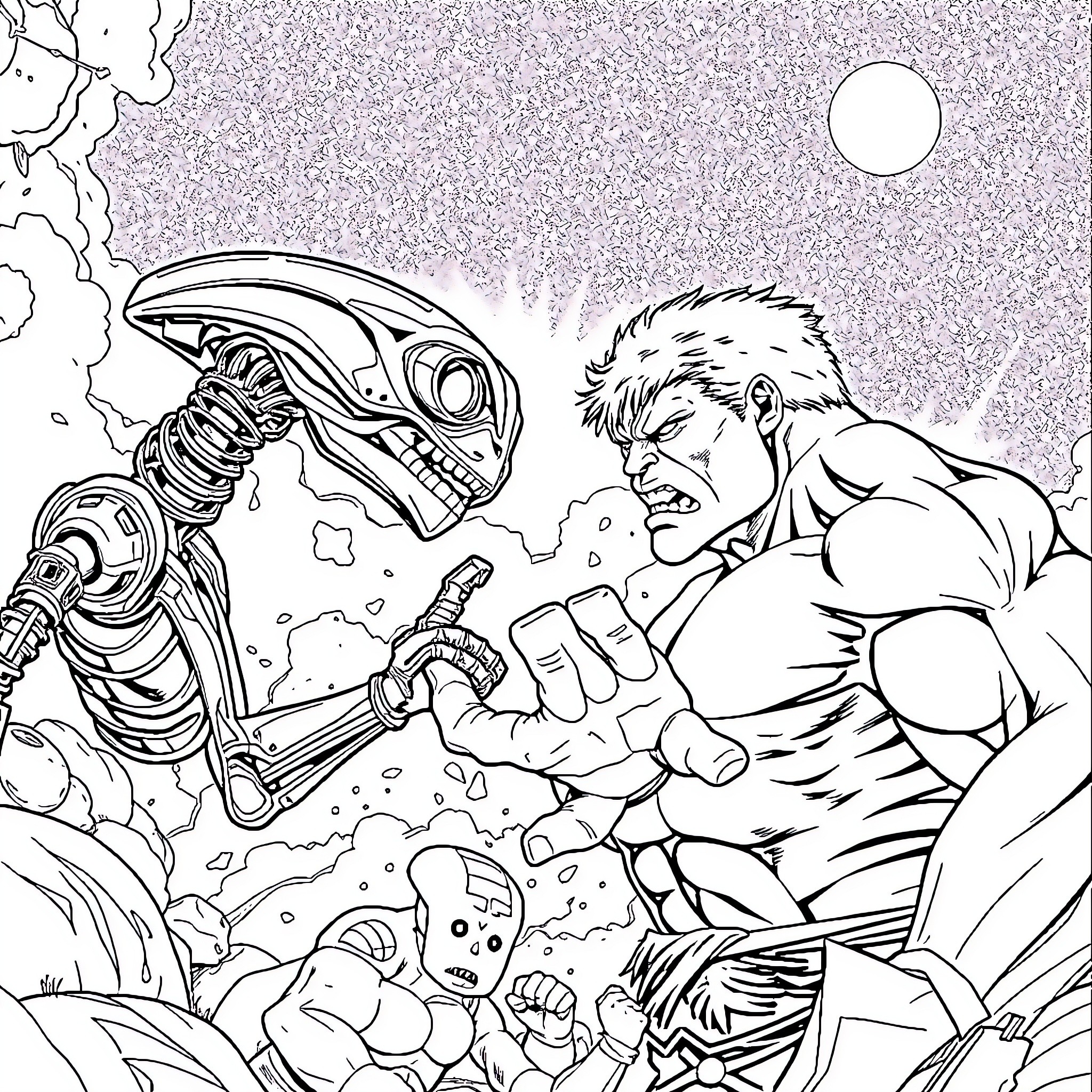 ET Alien Clash with Furious Muscular Warrior Coloring Page (free black-and-white line drawing printable PDF for all, from beginners to advanced learners, including children, teens, adults, and seniors)