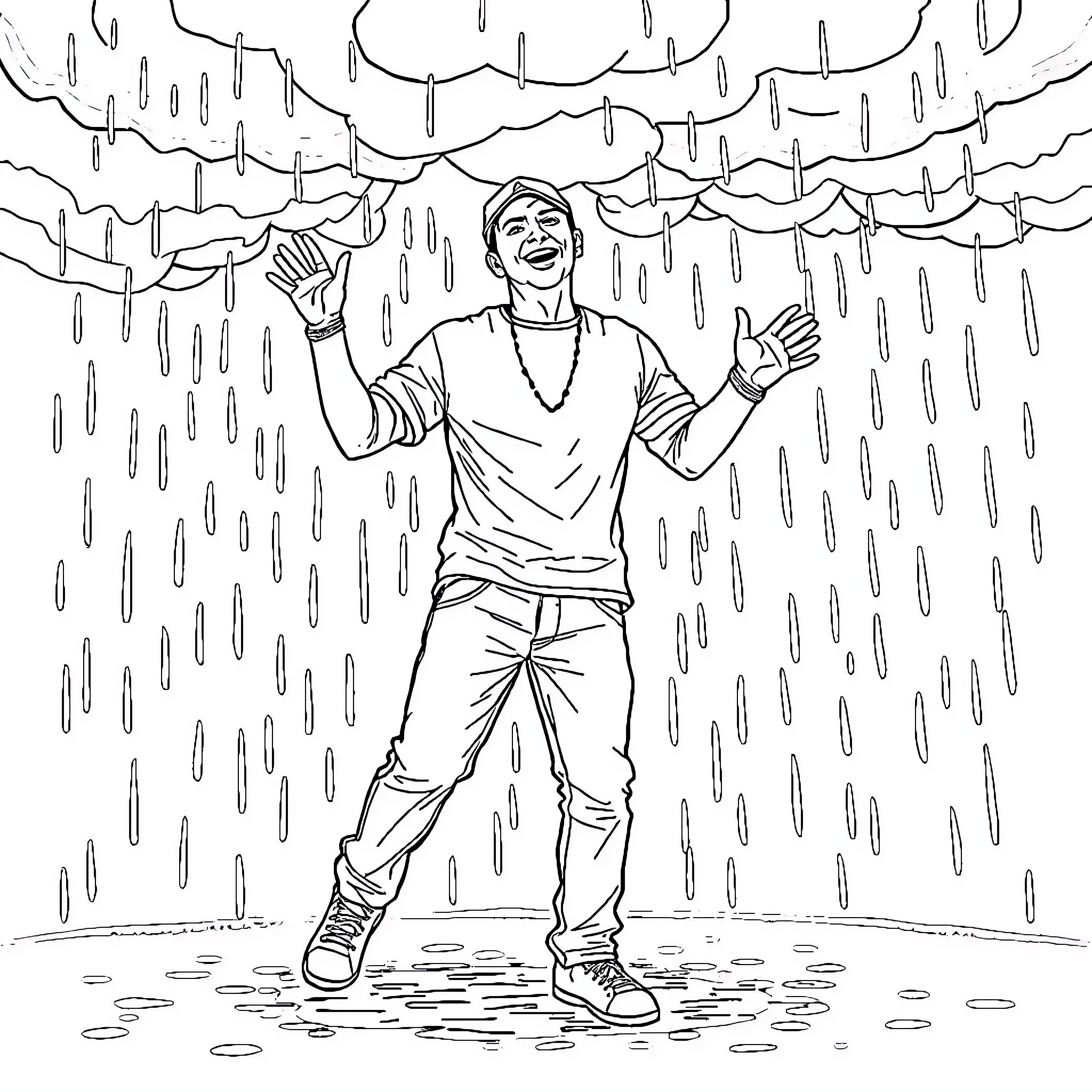 Eminem enjoying the rain and embracing the moment Coloring Page (free black-and-white line drawing printable PDF for all, from beginners to advanced learners, including children, teens, adults, and seniors)