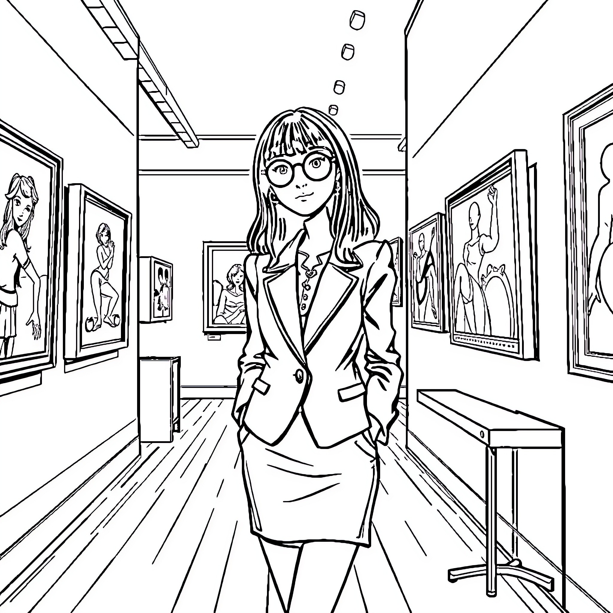 Girl exploring an art gallery with enthusiasm Coloring Page (free black-and-white line drawing printable PDF for all, from beginners to advanced learners, including children, teens, adults, and seniors)