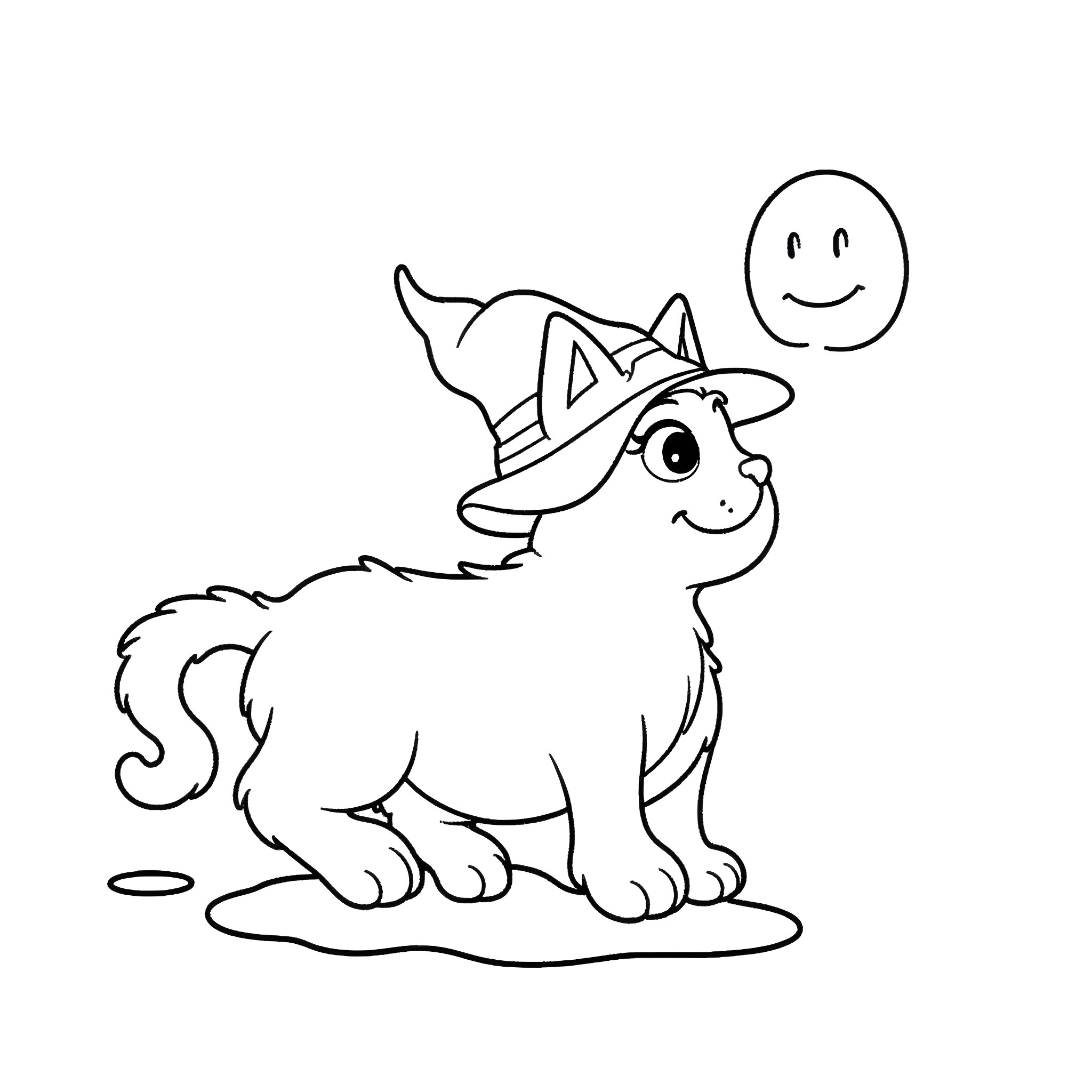 Cat wearing witch hat and playing with smiling balloon Coloring Page (free black-and-white line drawing printable PDF for all, from beginners to advanced learners, including children, teens, adults, and seniors)