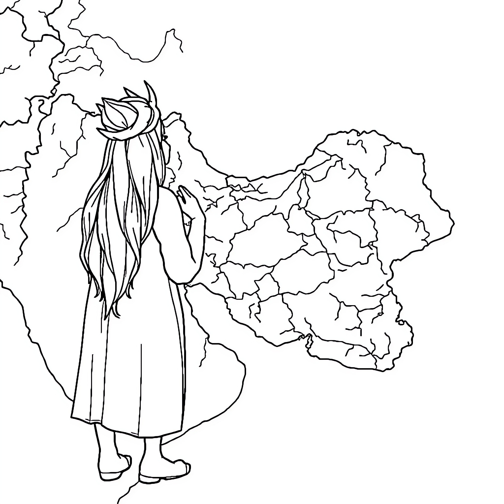 Vegeta in contemplative pose against abstract landscape Coloring Page (free black-and-white line drawing printable PDF for all, from beginners to advanced learners, including children, teens, adults, and seniors)