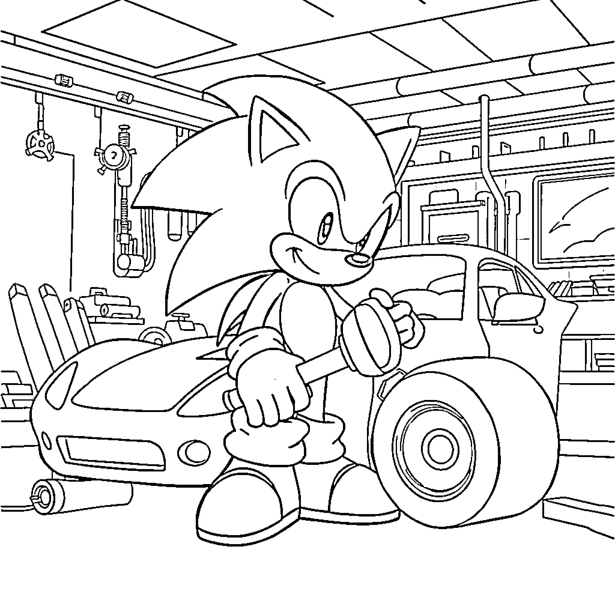 Sonic's Automotive Adventure Coloring Page (free black-and-white line drawing printable PDF for all, from beginners to advanced learners, including children, teens, adults, and seniors)