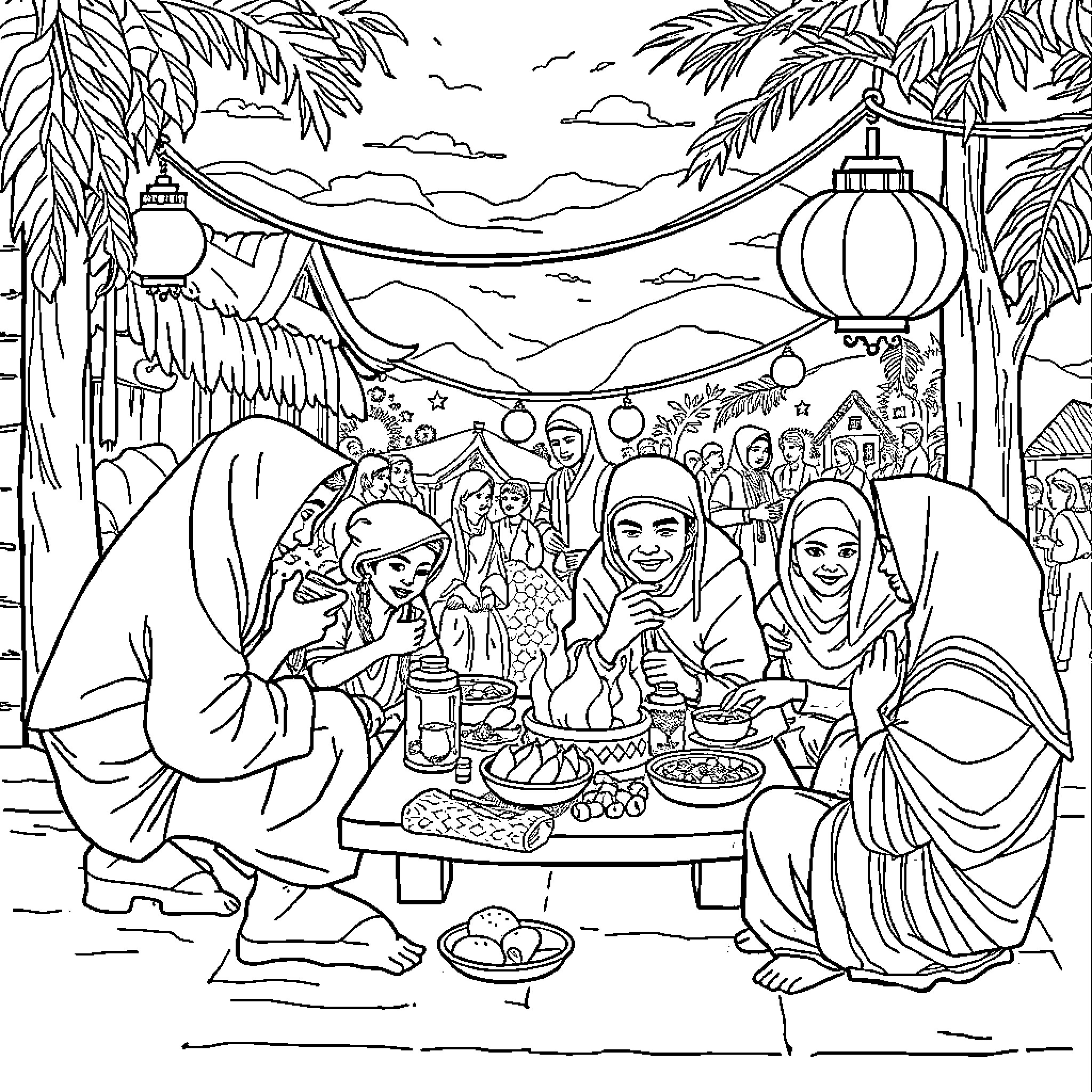 Hous-gathered community sharing a meal under palm trees Coloring Page (free black-and-white line drawing printable PDF for all, from beginners to advanced learners, including children, teens, adults, and seniors)