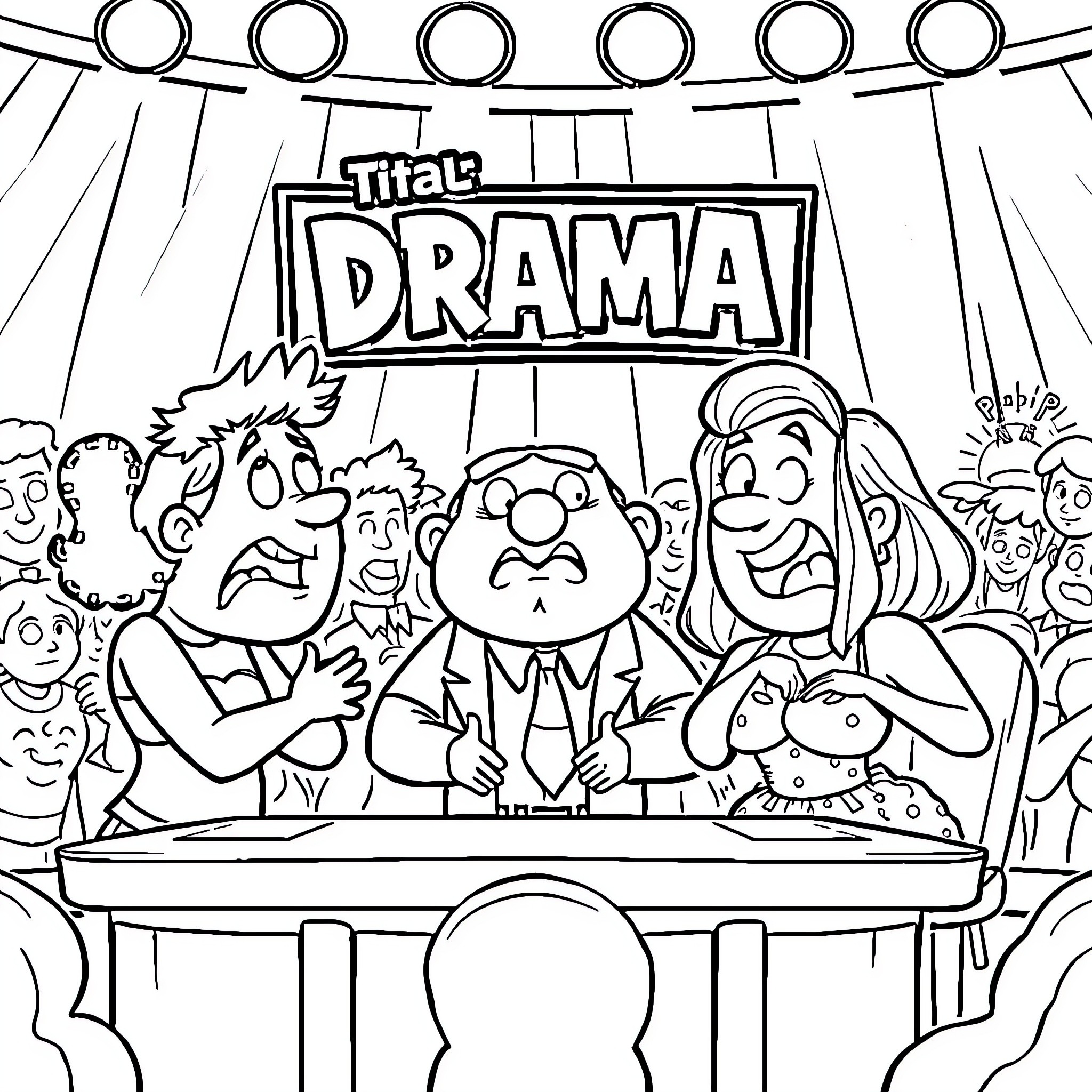 Drama Unfolds on the Stage Coloring Page (free black-and-white line drawing printable PDF for all, from beginners to advanced learners, including children, teens, adults, and seniors)