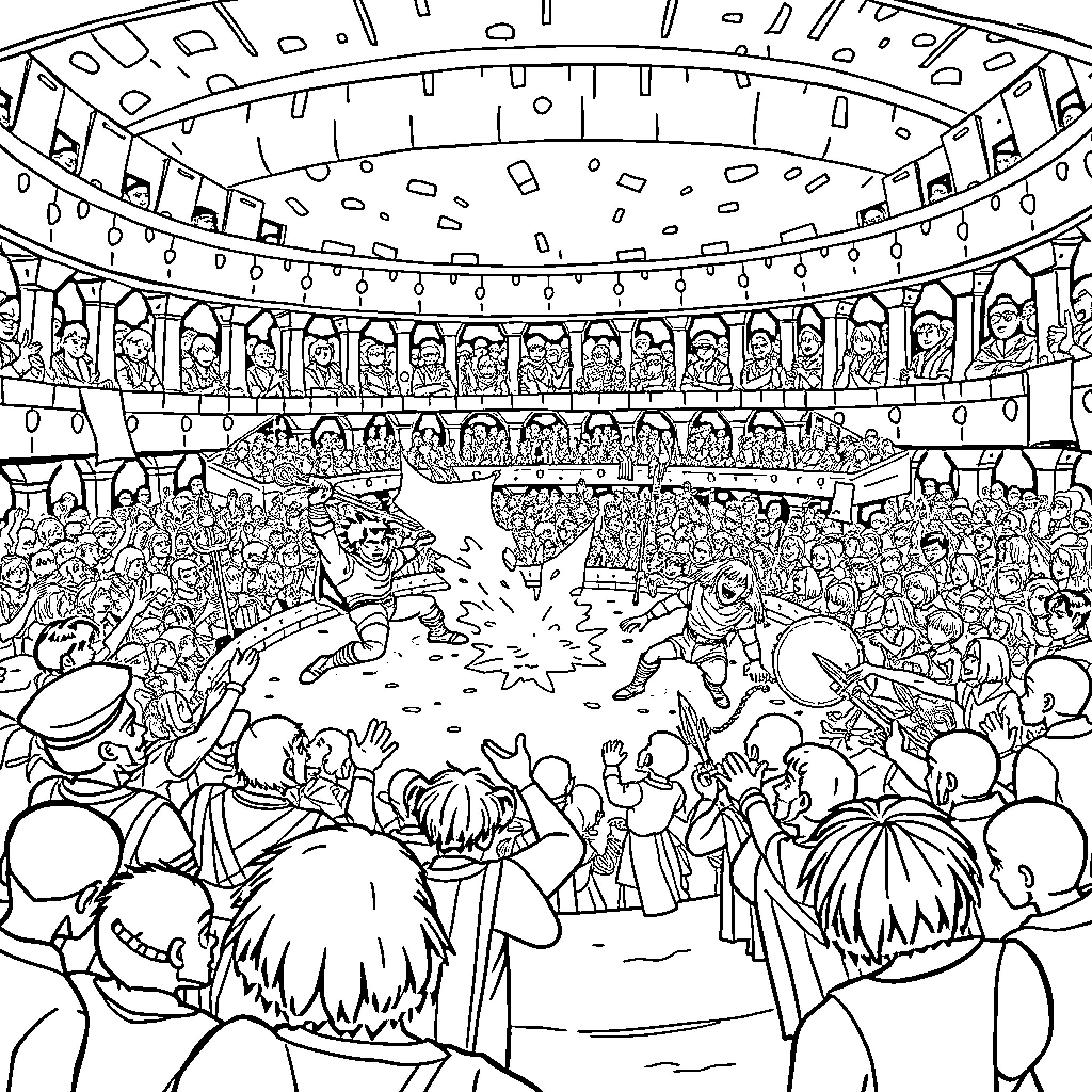 BFDI Characters Engaging in a Lively Sports Event Coloring Page (free black-and-white line drawing printable PDF for all, from beginners to advanced learners, including children, teens, adults, and seniors)