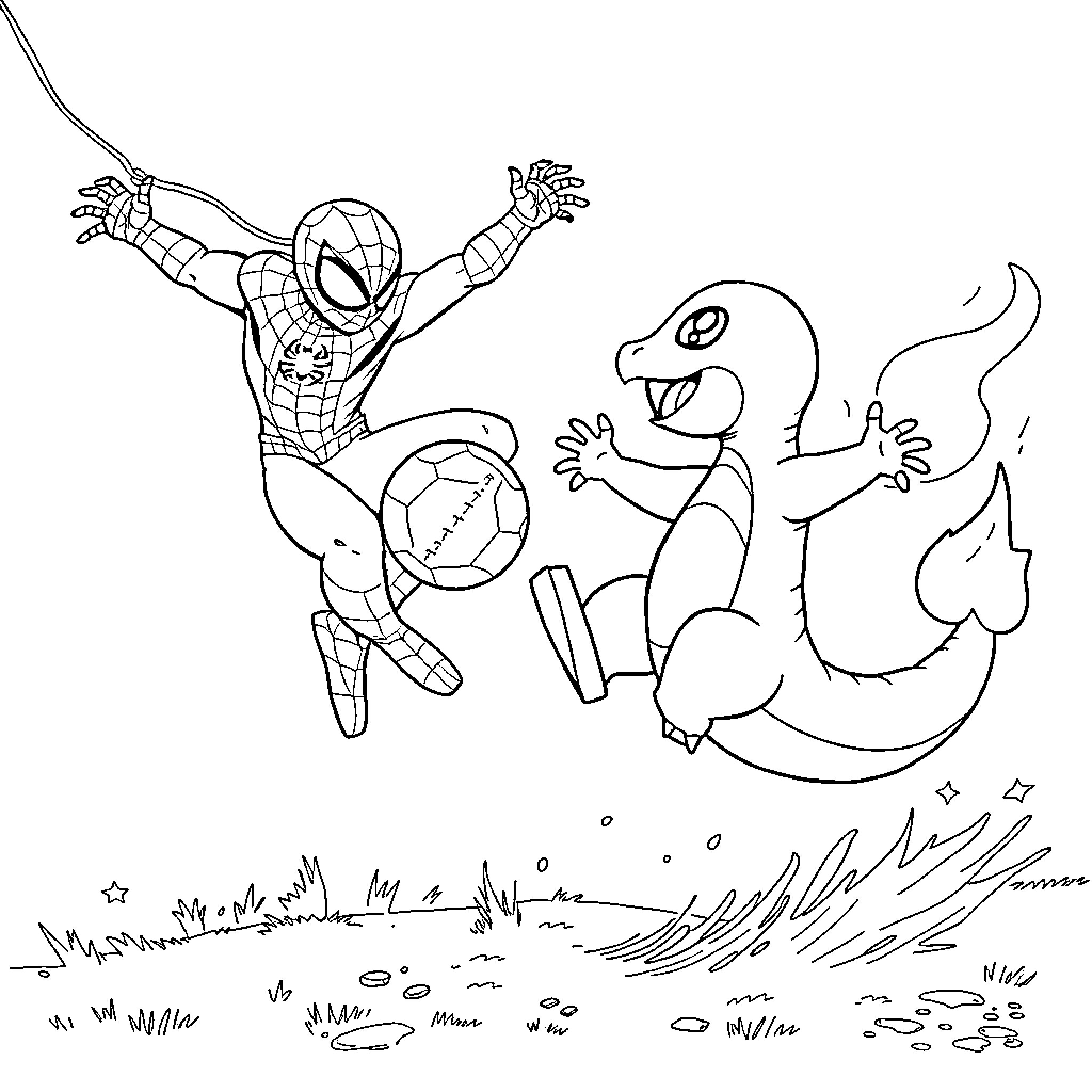 Charmander and Spider-Man in action-packed scene Coloring Page (free black-and-white line drawing printable PDF for all, from beginners to advanced learners, including children, teens, adults, and seniors)