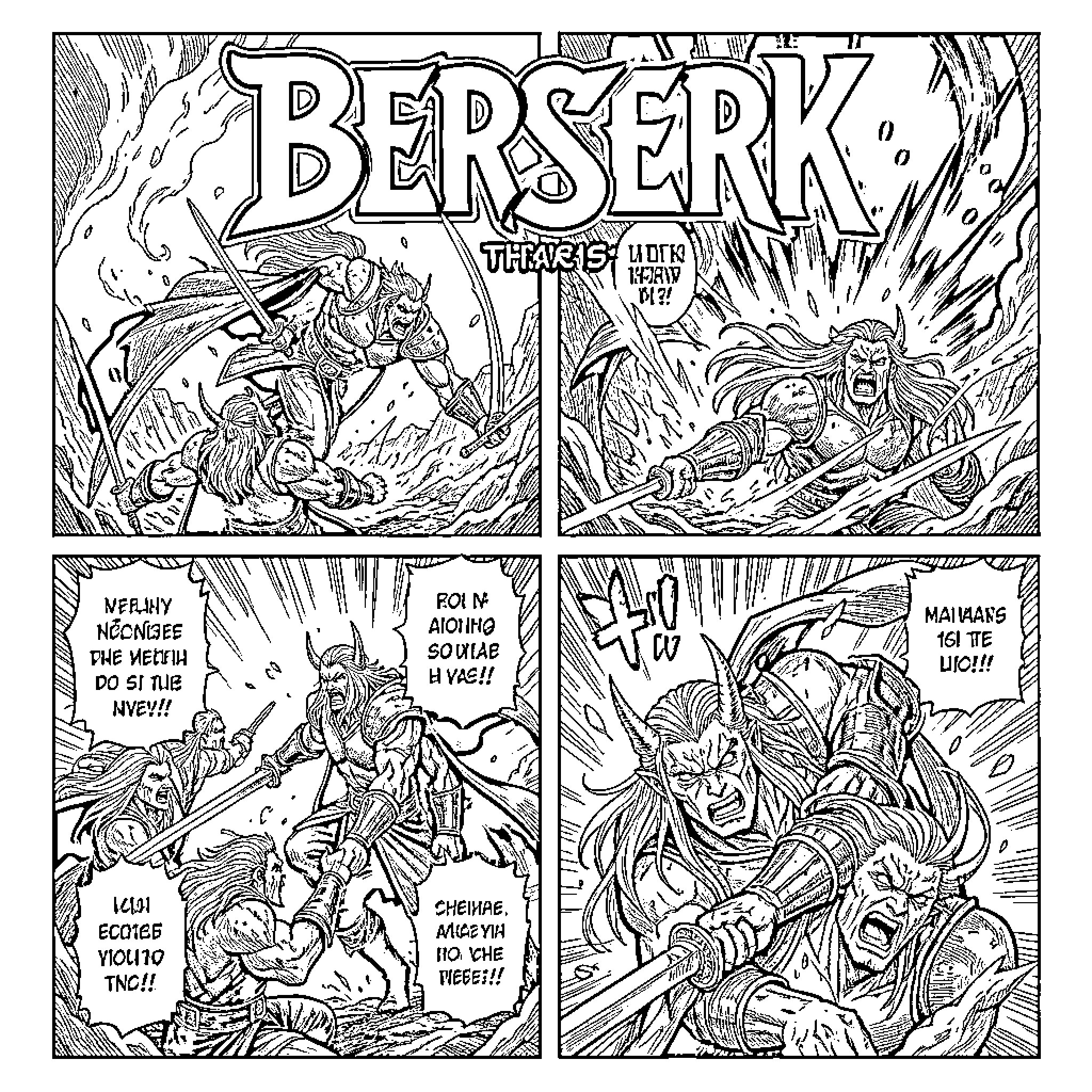 Berserk: Intense Battle Scenes and Fierce Warriors Coloring Page (free black-and-white line drawing printable PDF for all, from beginners to advanced learners, including children, teens, adults, and seniors)