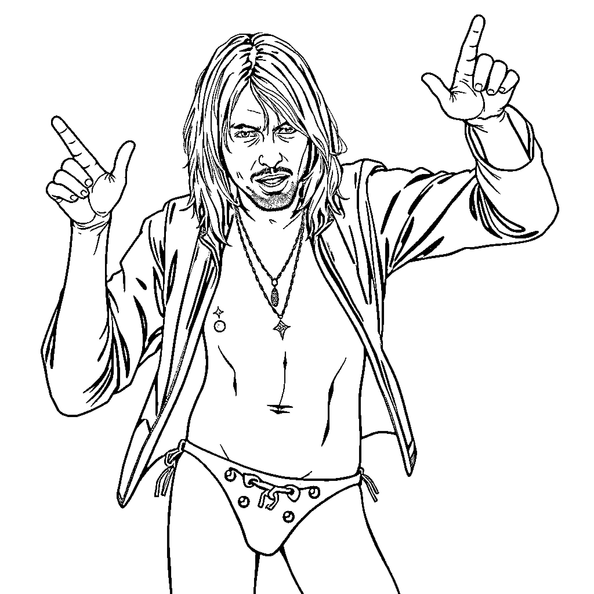 Kurt Cobain Performing with Rock Star Attitude Coloring Page (free black-and-white line drawing printable PDF for all, from beginners to advanced learners, including children, teens, adults, and seniors)